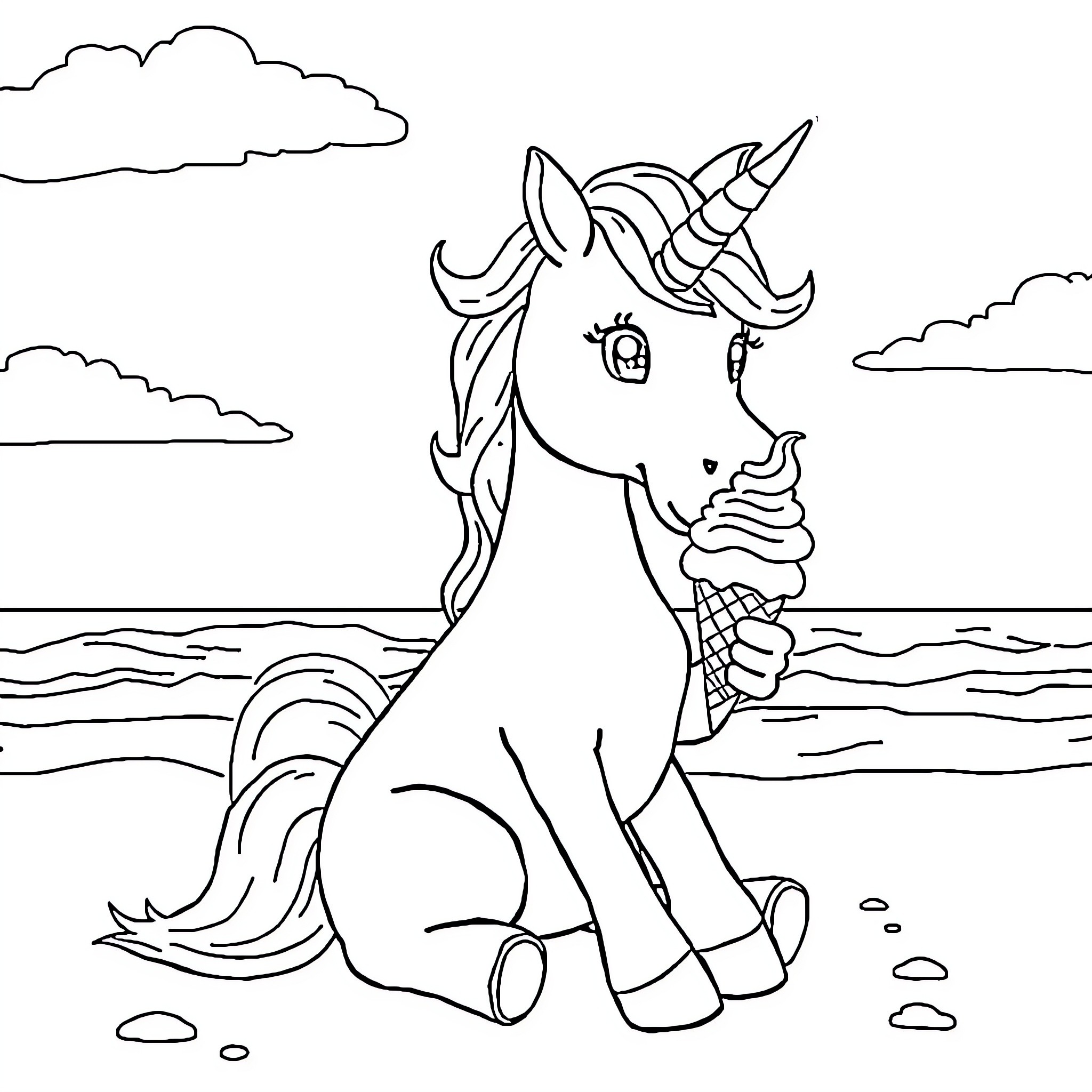 Unicorn enjoying an ice cream by the beach Coloring Page (free black-and-white line drawing printable PDF for all, from beginners to advanced learners, including children, teens, adults, and seniors)