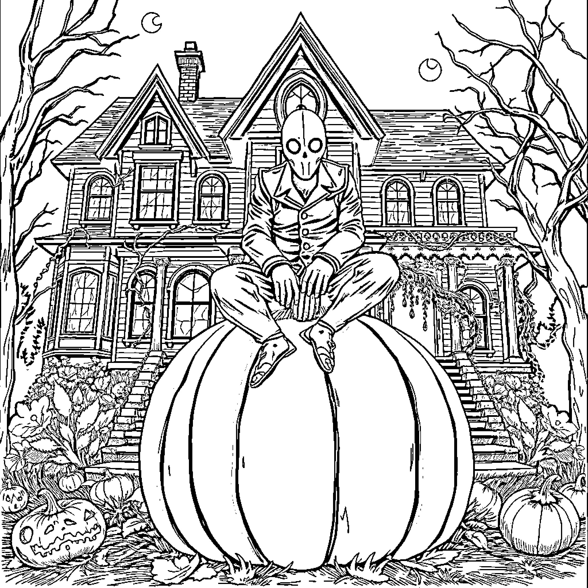 Jigsaw Puzzle with Haunted House and Spooky Figure Coloring Page (free black-and-white line drawing printable PDF for all, from beginners to advanced learners, including children, teens, adults, and seniors)