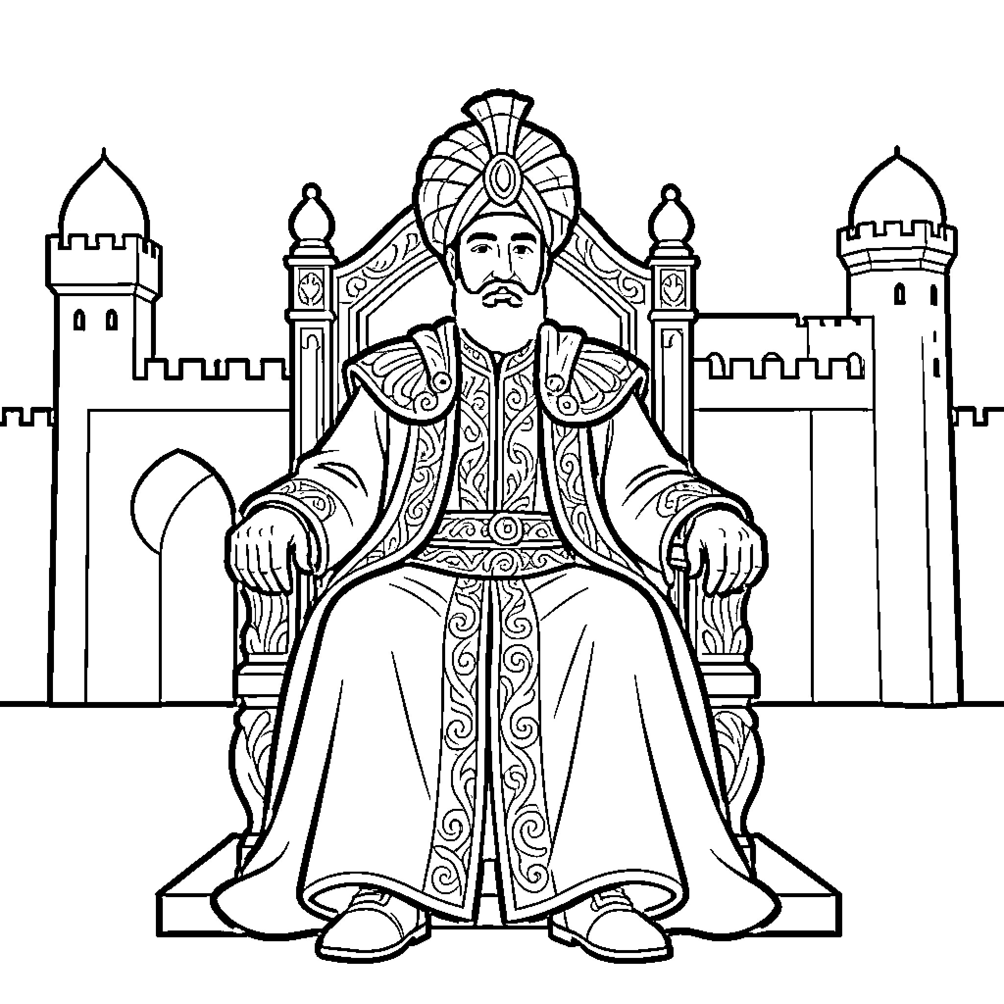Sultan seated on an ornate throne in a grand palace Coloring Page (free black-and-white line drawing printable PDF for all, from beginners to advanced learners, including children, teens, adults, and seniors)