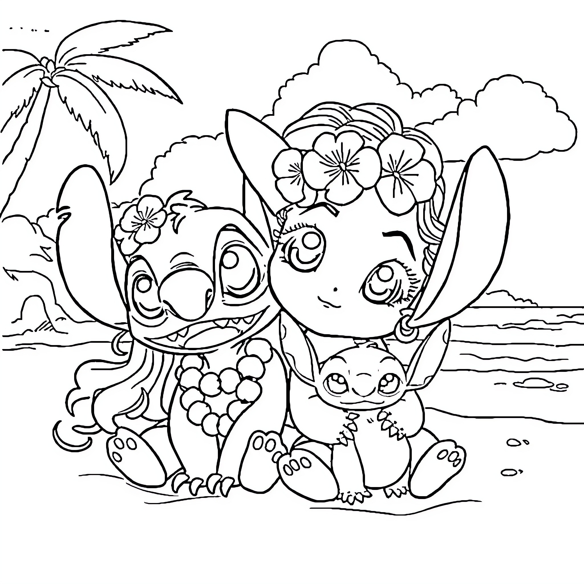 Lilo and friends enjoying a tropical beach scene Coloring Page (free black-and-white line drawing printable PDF for all, from beginners to advanced learners, including children, teens, adults, and seniors)