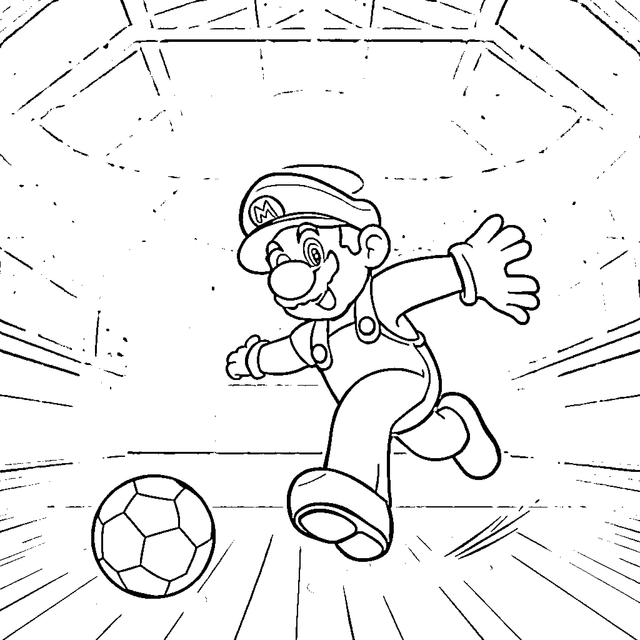 Mario Playing Soccer in a Vibrant Stadium Coloring Page (free black-and-white line drawing printable PDF for all, from beginners to advanced learners, including children, teens, adults, and seniors)