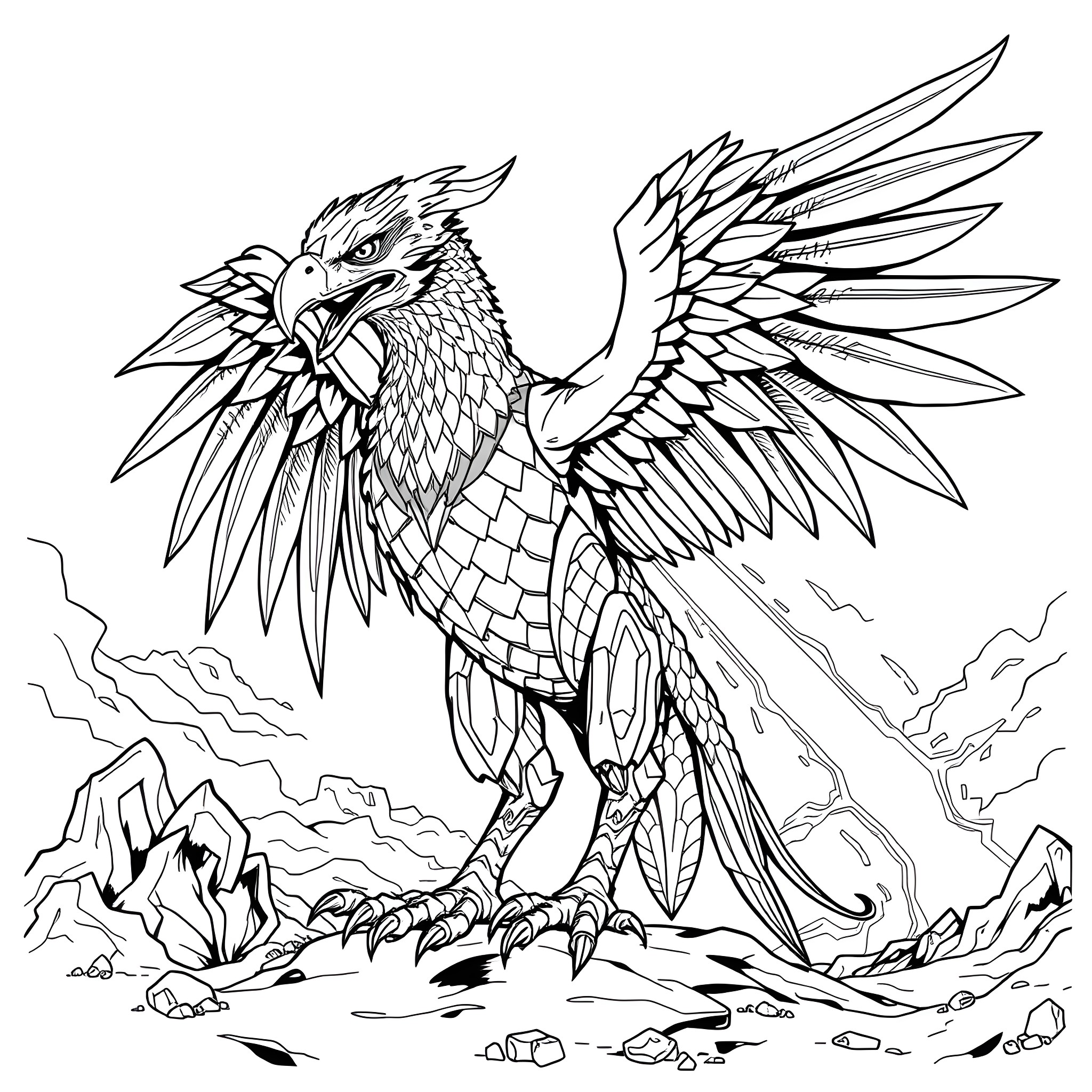 Raptor soaring majestically in the sky Coloring Page (free black-and-white line drawing printable PDF for all, from beginners to advanced learners, including children, teens, adults, and seniors)