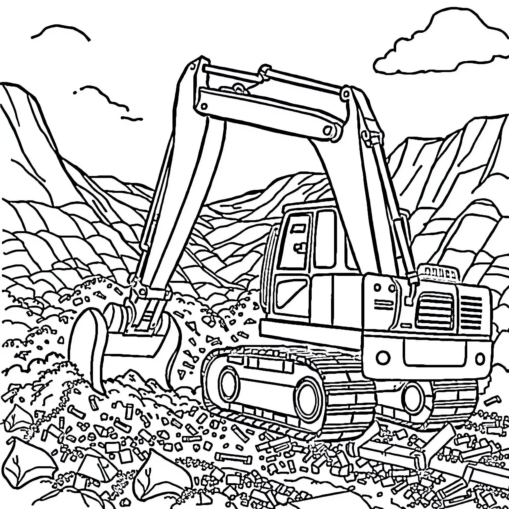 Excavator working on a construction site in the mountains Coloring Page (free black-and-white line drawing printable PDF for all, from beginners to advanced learners, including children, teens, adults, and seniors)