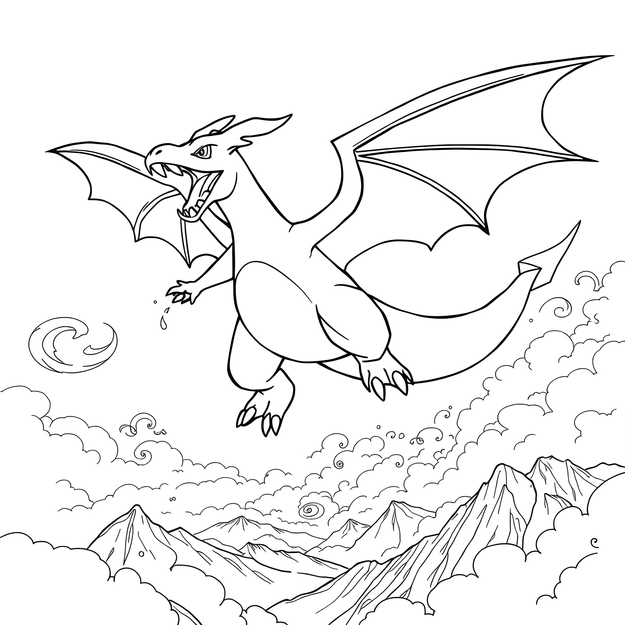 Charizard soaring over the mountains Coloring Page (free black-and-white line drawing printable PDF for all, from beginners to advanced learners, including children, teens, adults, and seniors)