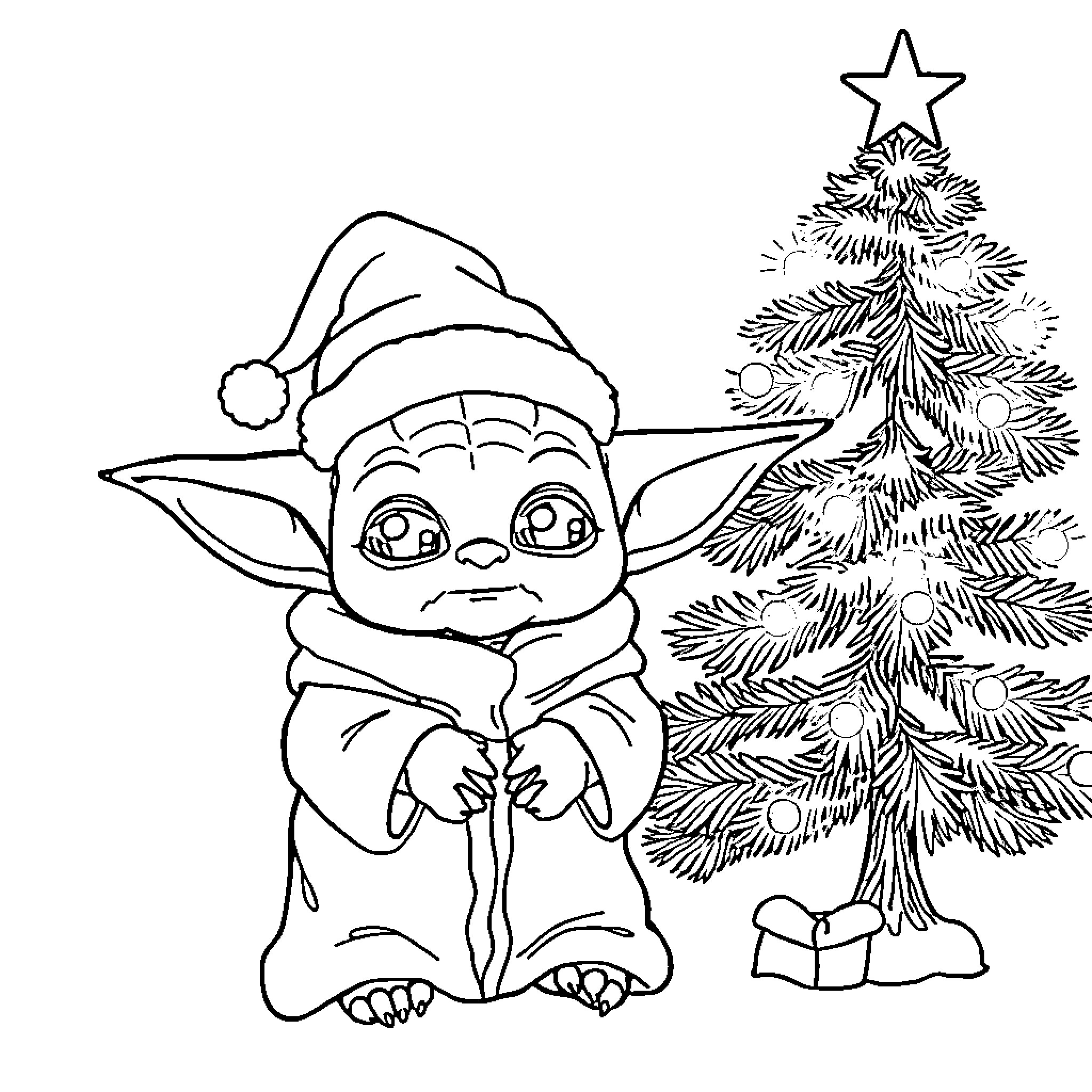 Baby Yoda Celebrating Christmas with Tree Coloring Page (free black-and-white line drawing printable PDF for all, from beginners to advanced learners, including children, teens, adults, and seniors)