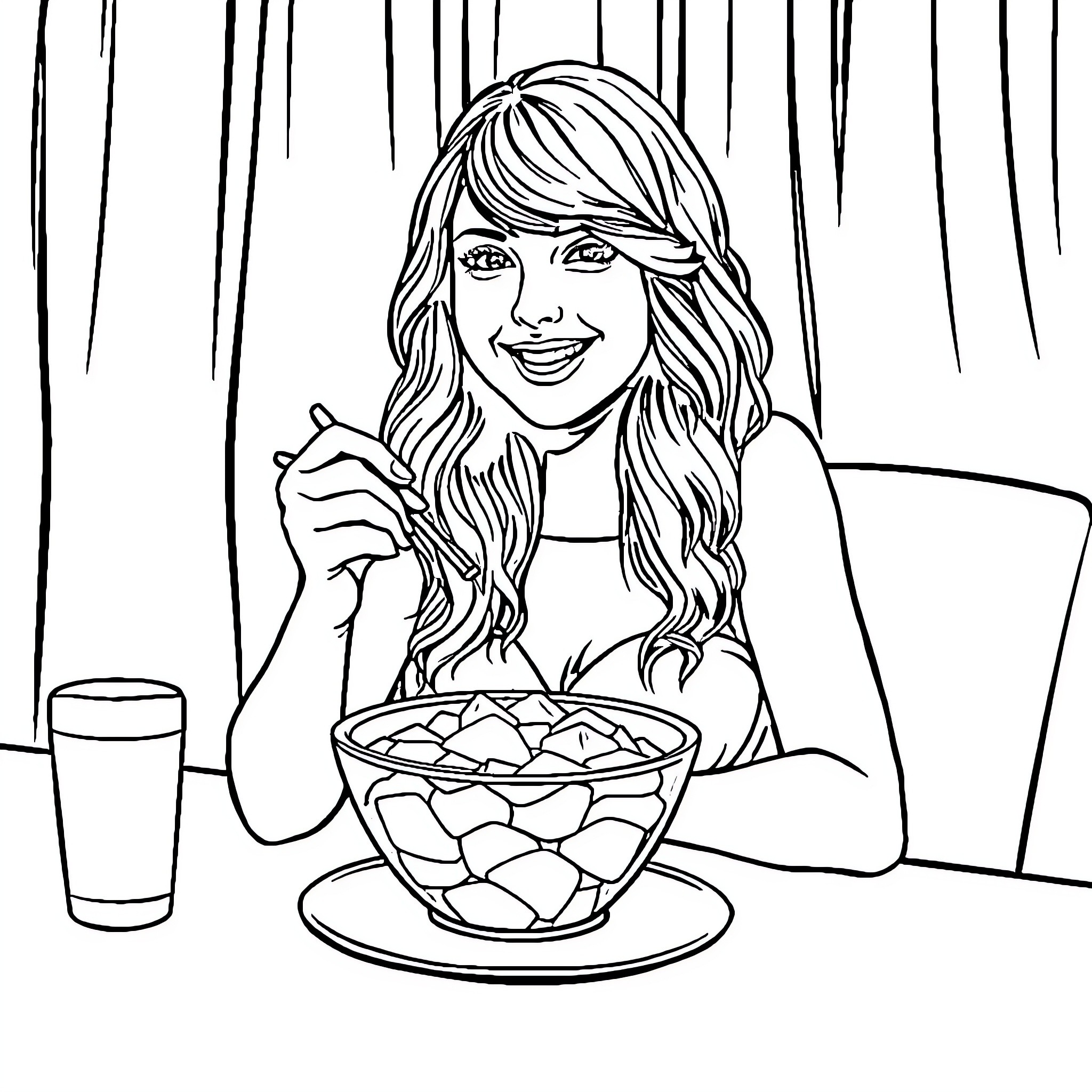 Taylor Swift enjoying a snack with a smile Coloring Page (free black-and-white line drawing printable PDF for all, from beginners to advanced learners, including children, teens, adults, and seniors)
