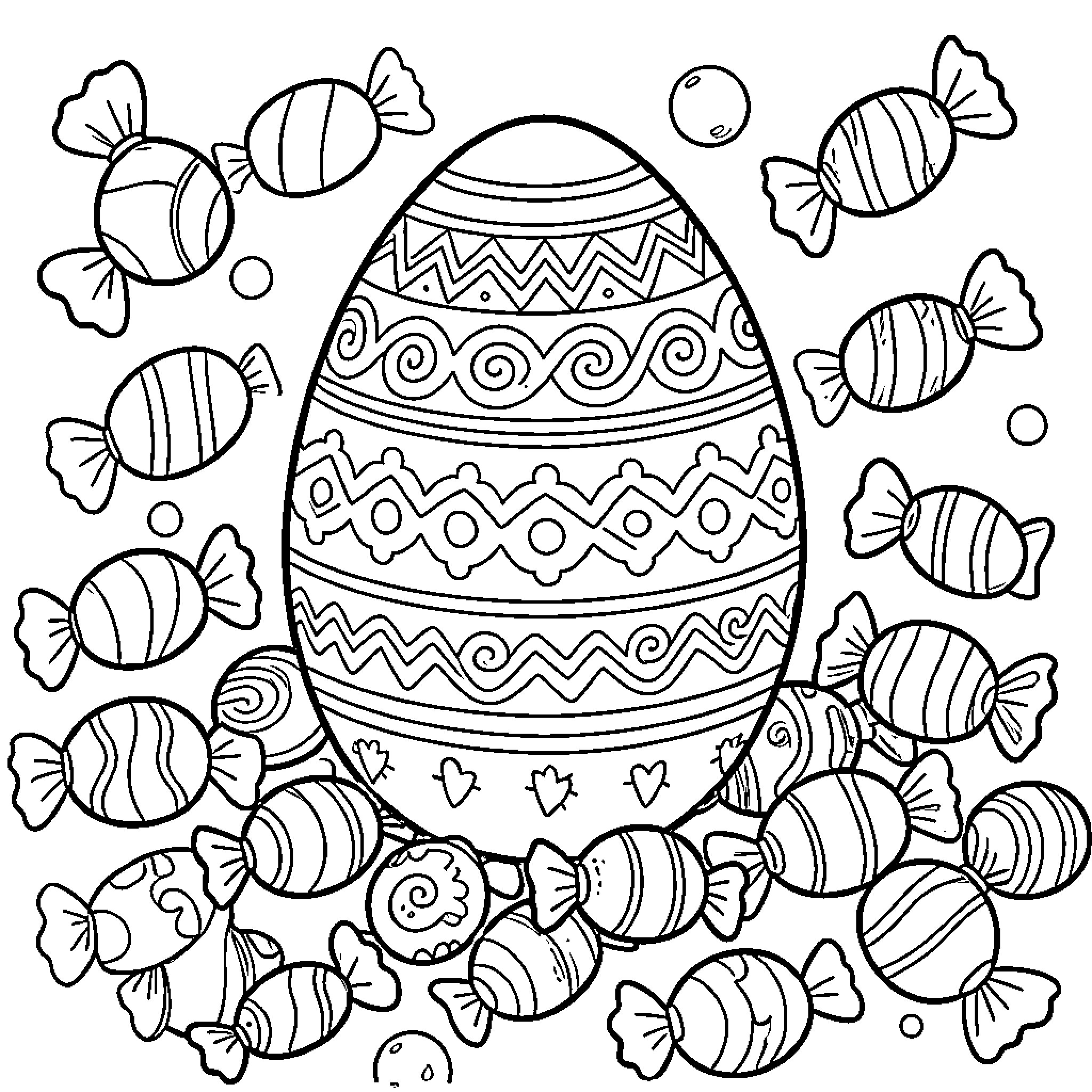 Candy-themed Easter egg with whimsical fish Coloring Page (free black-and-white line drawing printable PDF for all, from beginners to advanced learners, including children, teens, adults, and seniors)