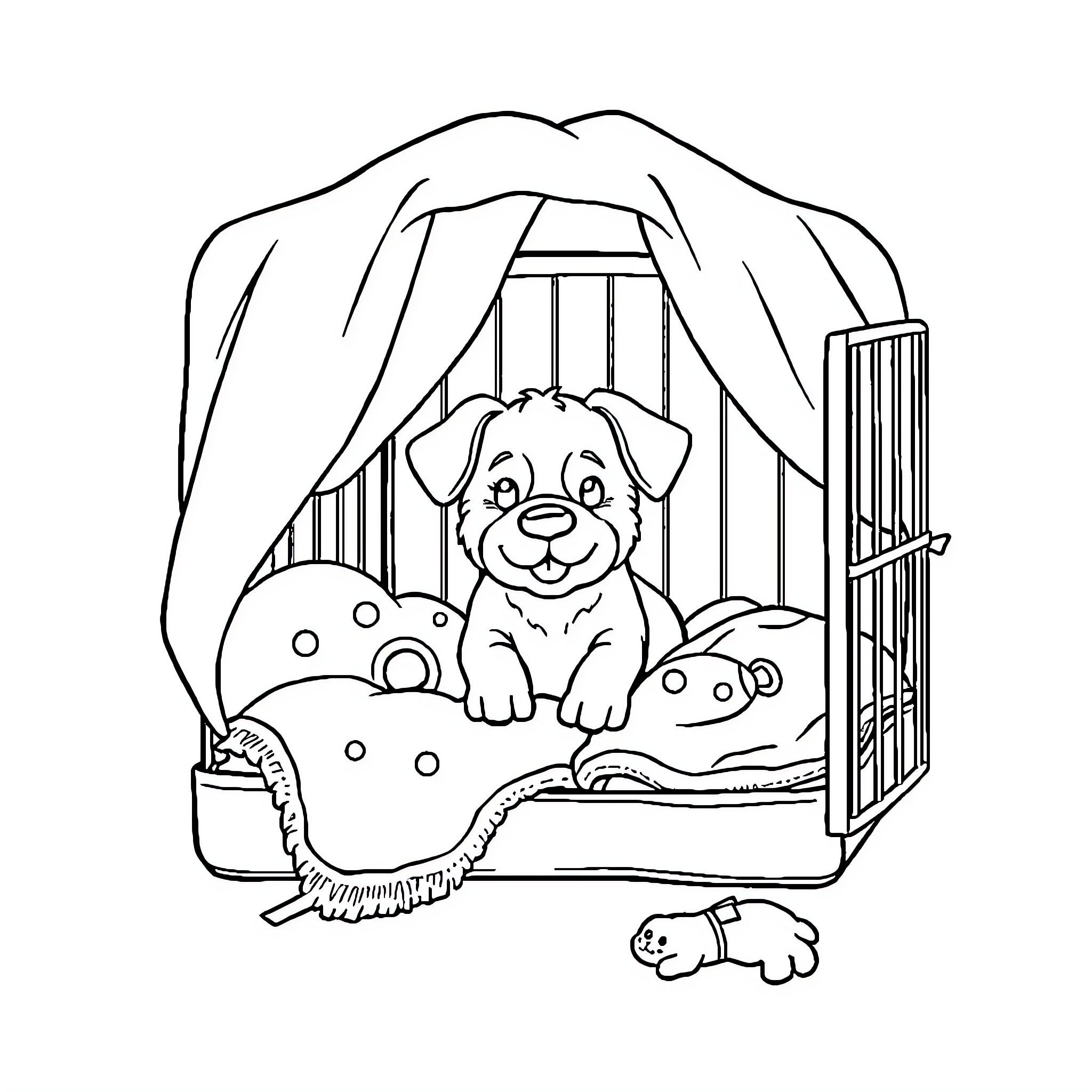 Dog resting comfortably in cozy bed Coloring Page (free black-and-white line drawing printable PDF for all, from beginners to advanced learners, including children, teens, adults, and seniors)