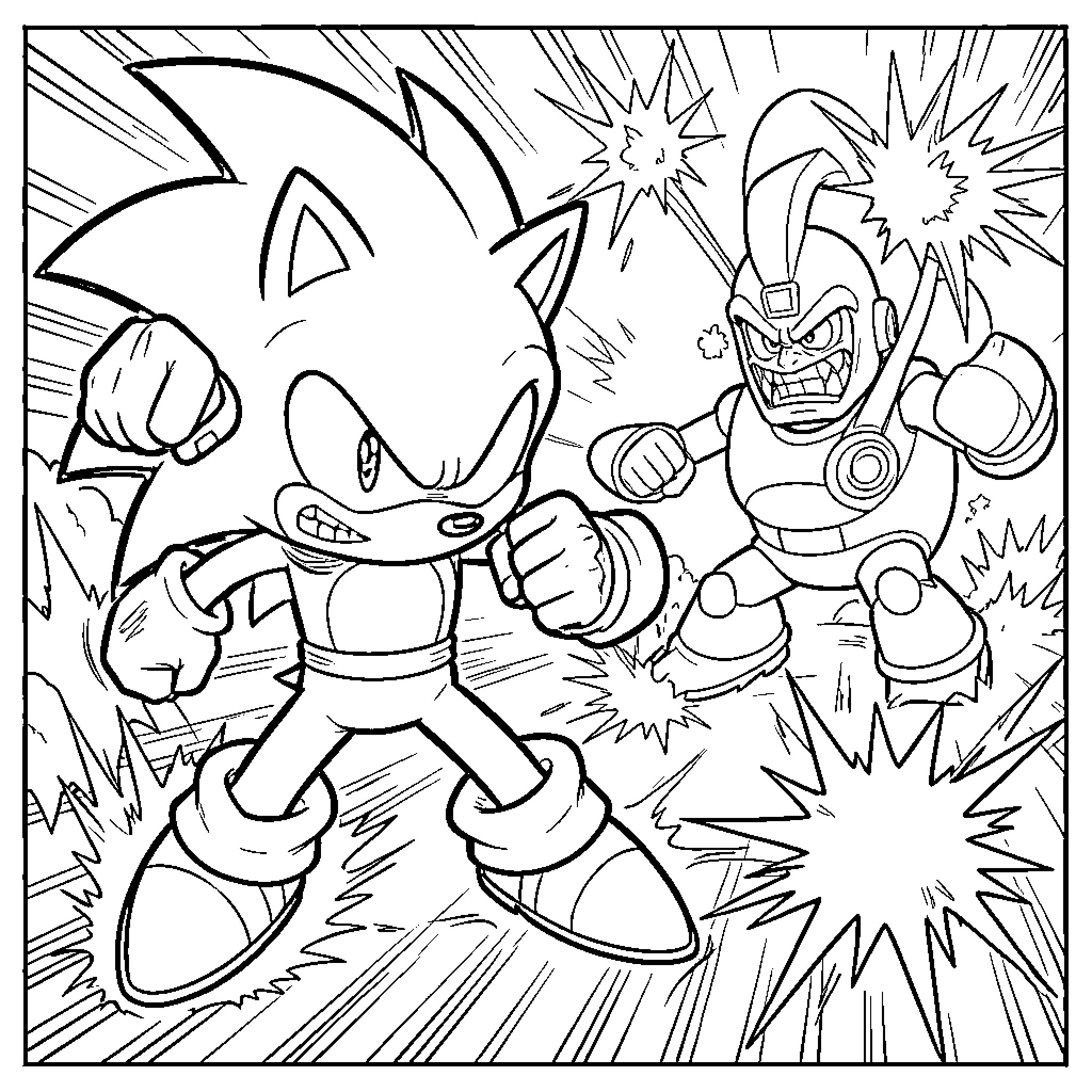 Sonic in epic battle with fierce villain Coloring Page (free black-and-white line drawing printable PDF for all, from beginners to advanced learners, including children, teens, adults, and seniors)