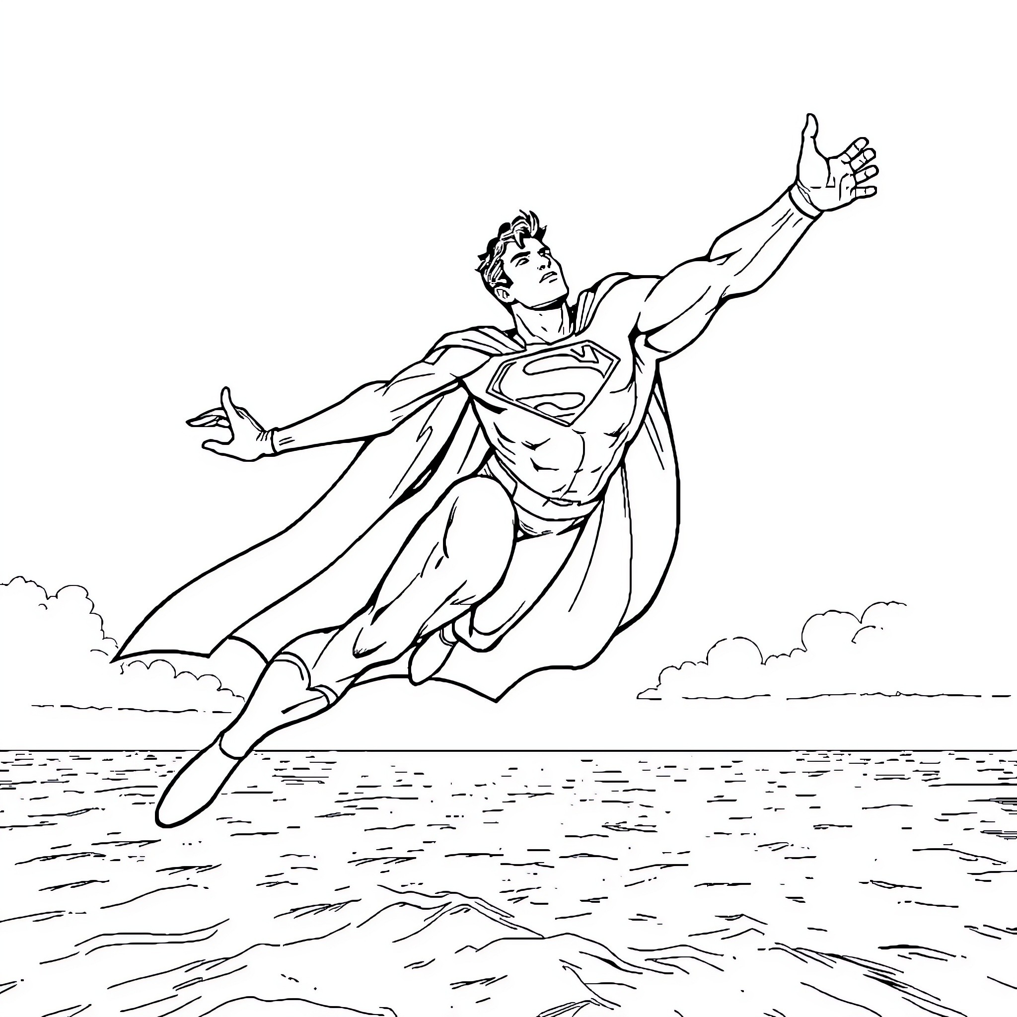 Superman soaring through the sky with outstretched arms Coloring Page (free black-and-white line drawing printable PDF for all, from beginners to advanced learners, including children, teens, adults, and seniors)