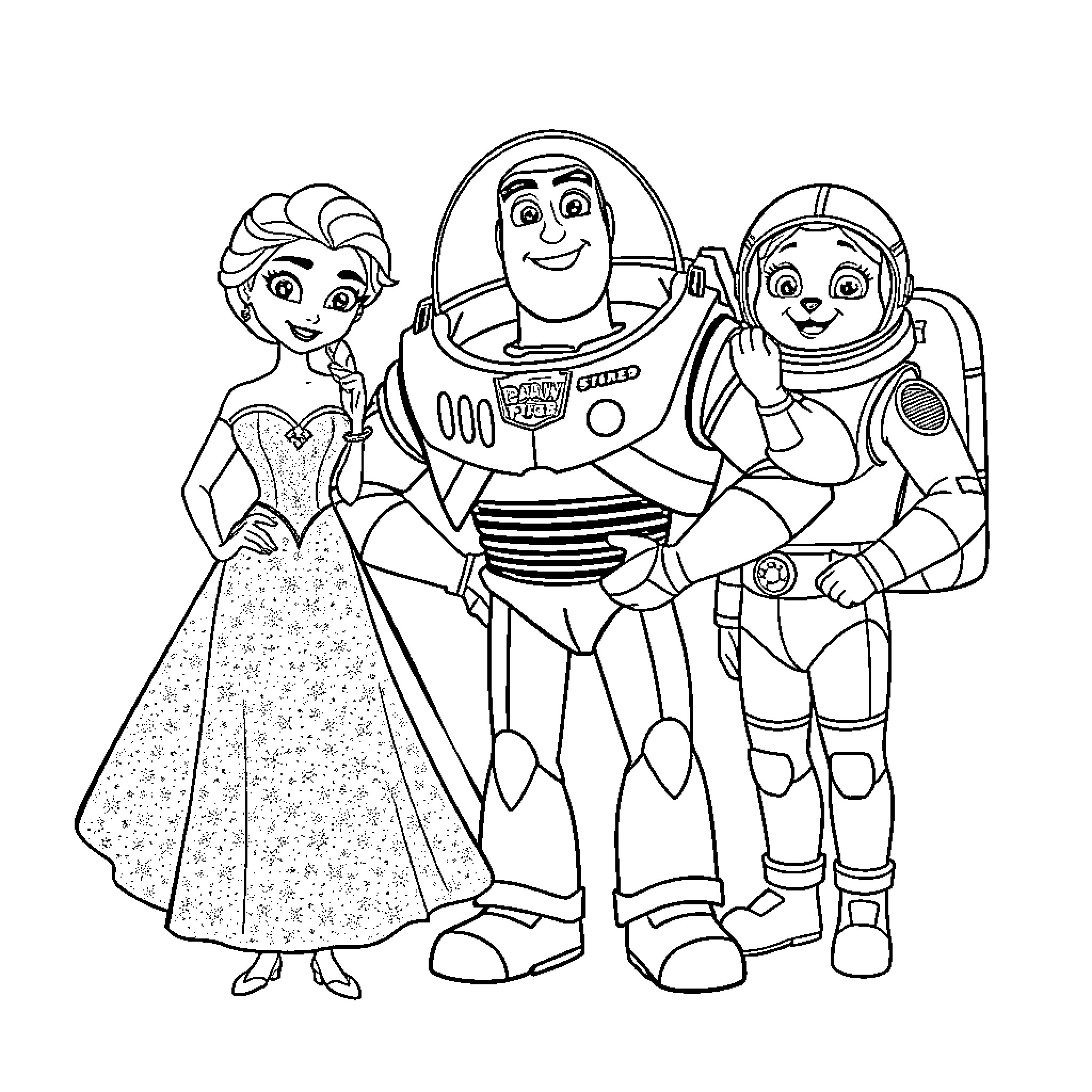 Friend's Animated Adventure with Toys Coloring Page (free black-and-white line drawing printable PDF for all, from beginners to advanced learners, including children, teens, adults, and seniors)