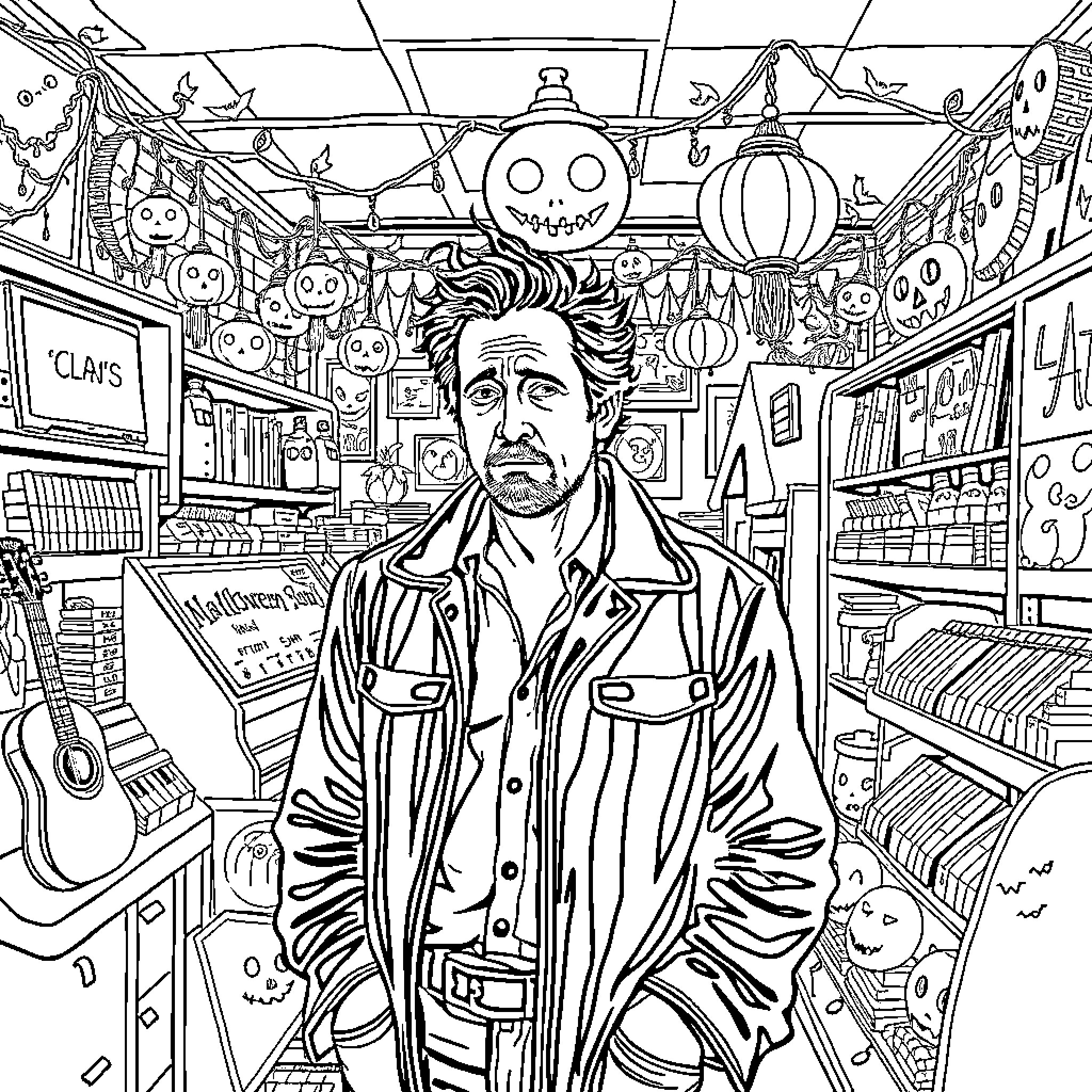 John Cusack in a Quirky and Eclectic Store Environment Coloring Page (free black-and-white line drawing printable PDF for all, from beginners to advanced learners, including children, teens, adults, and seniors)