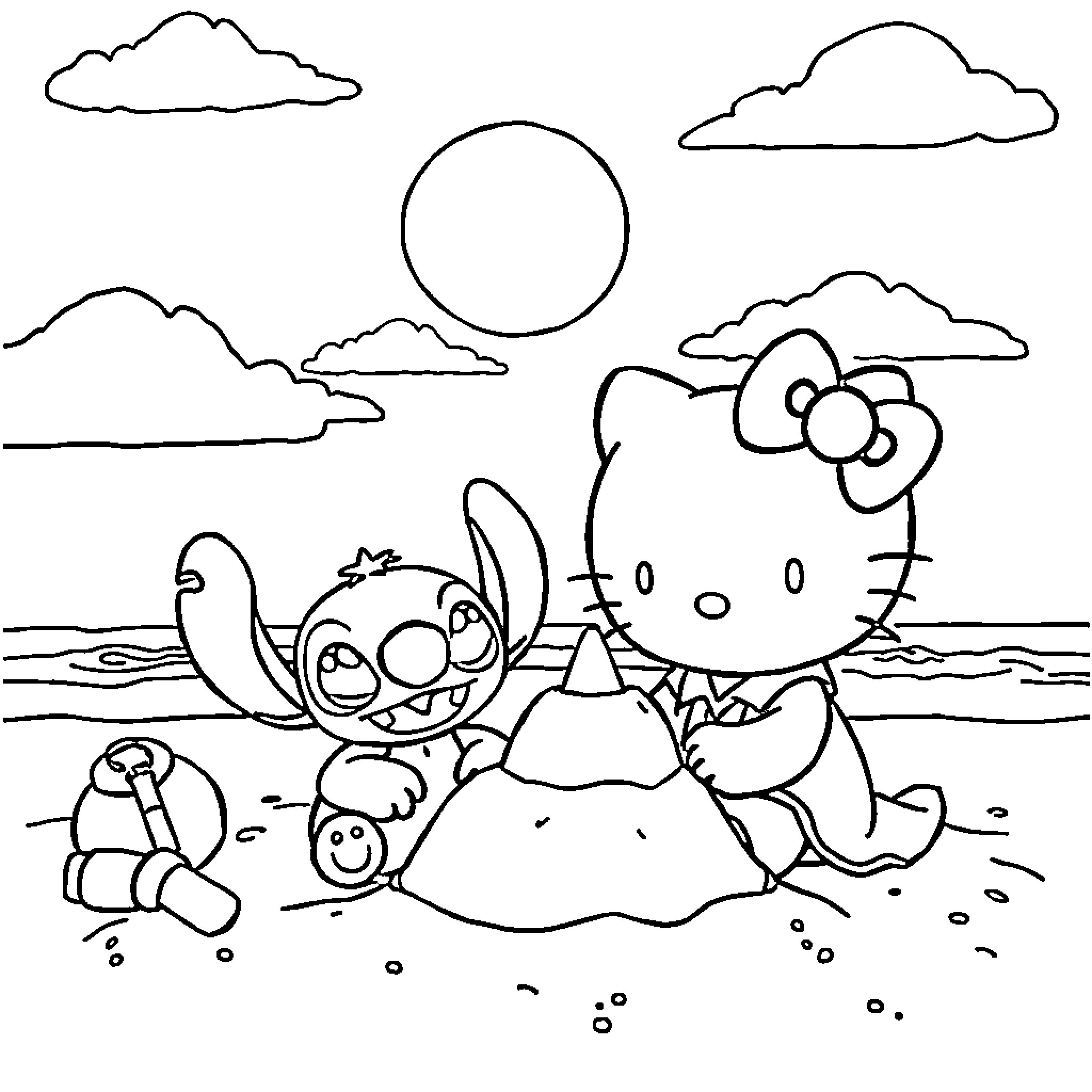 Hello Kitty playing on the beach with Stitch Coloring Page (free black-and-white line drawing printable PDF for all, from beginners to advanced learners, including children, teens, adults, and seniors)