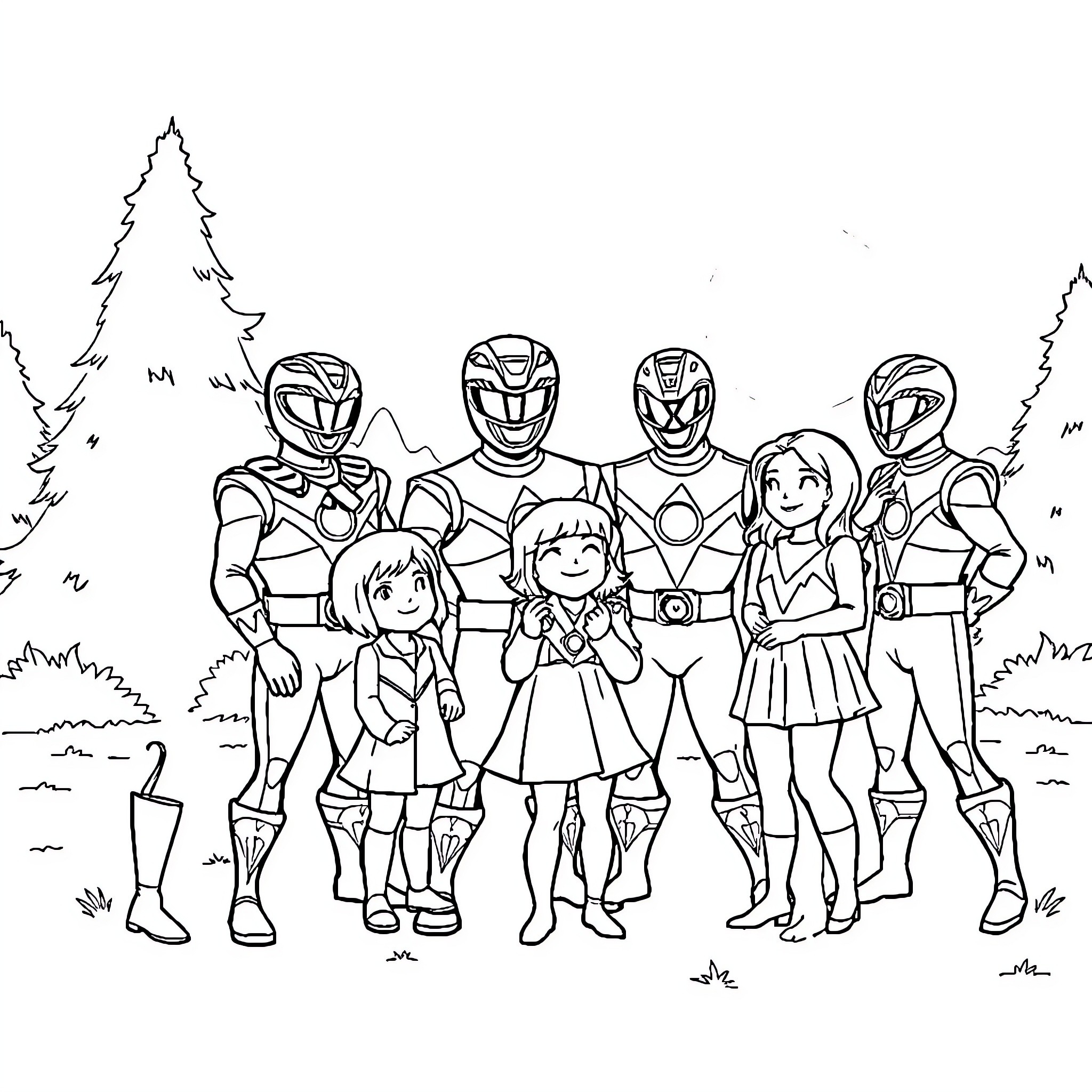 Power Rangers Heroic Team Assembled in the Forest Coloring Page (free black-and-white line drawing printable PDF for all, from beginners to advanced learners, including children, teens, adults, and seniors)