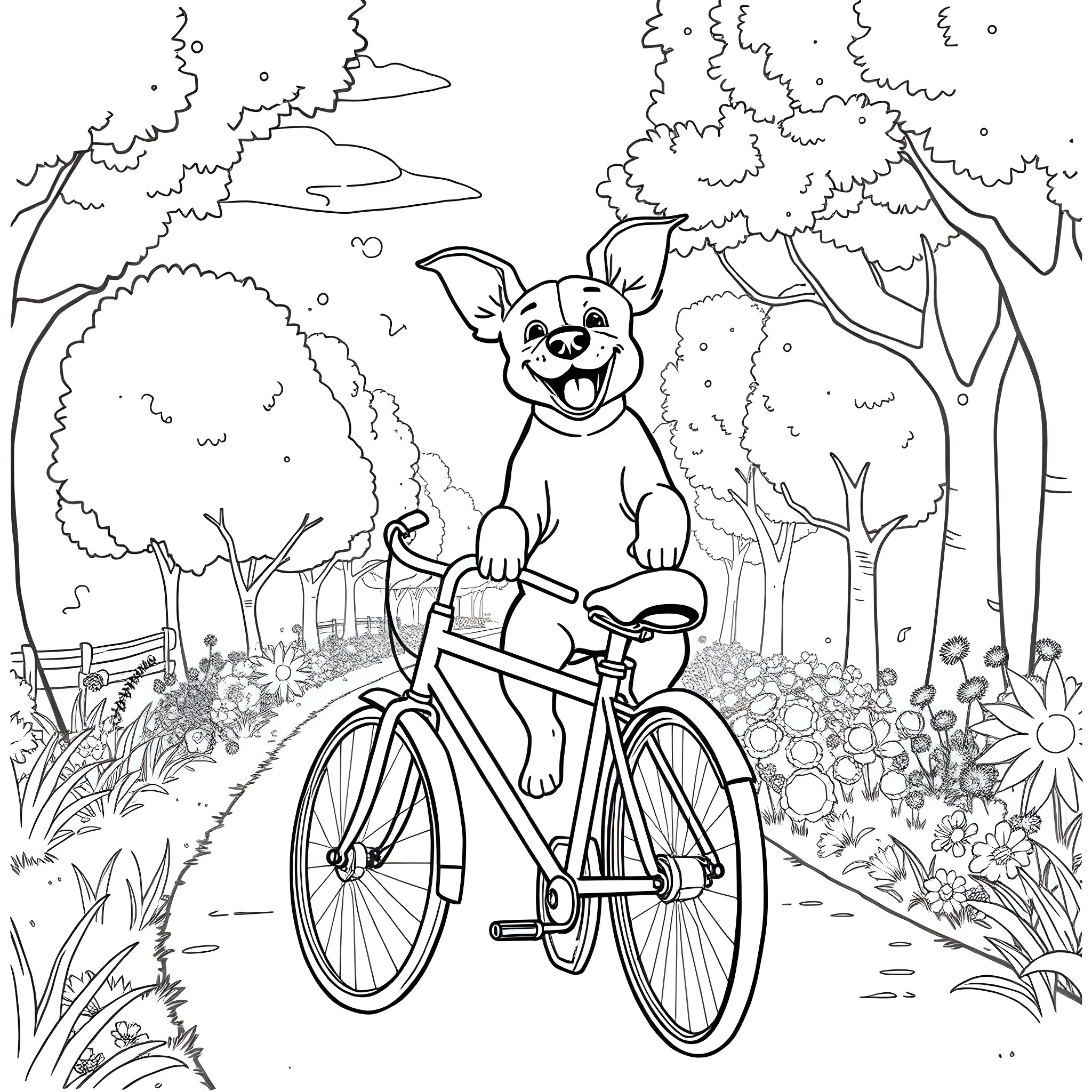Dog riding a bicycle in a peaceful garden Coloring Page (free black-and-white line drawing printable PDF for all, from beginners to advanced learners, including children, teens, adults, and seniors)