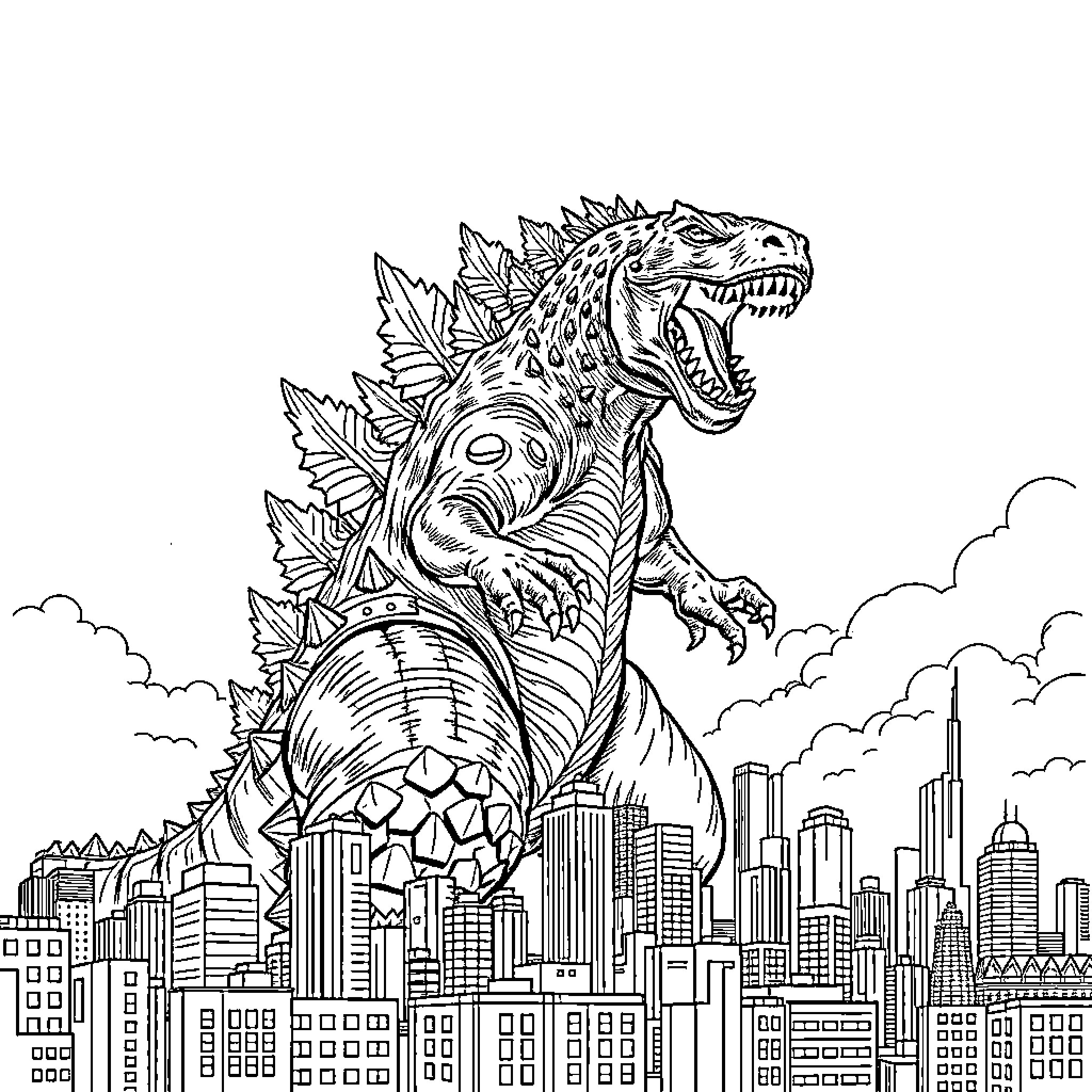 Godzilla Rampaging Through the City Coloring Page (free black-and-white line drawing printable PDF for all, from beginners to advanced learners, including children, teens, adults, and seniors)