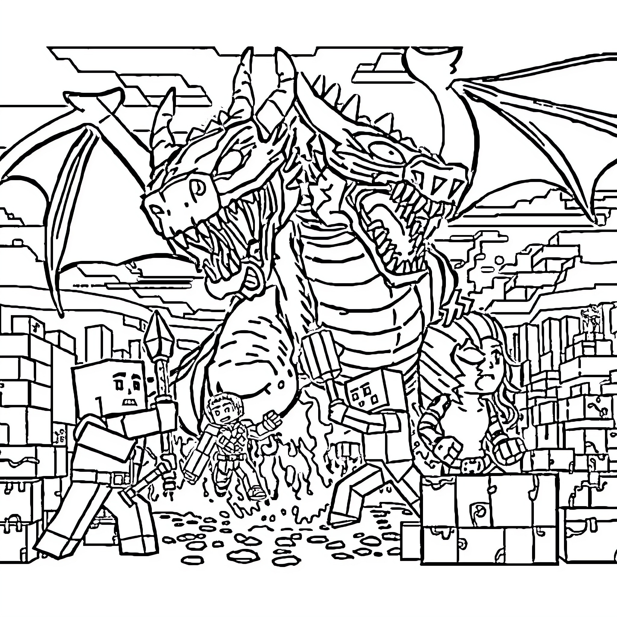 Minecraft Character Battling Fierce Dragon over Blocky Cityscape Coloring Page (free black-and-white line drawing printable PDF for all, from beginners to advanced learners, including children, teens, adults, and seniors)
