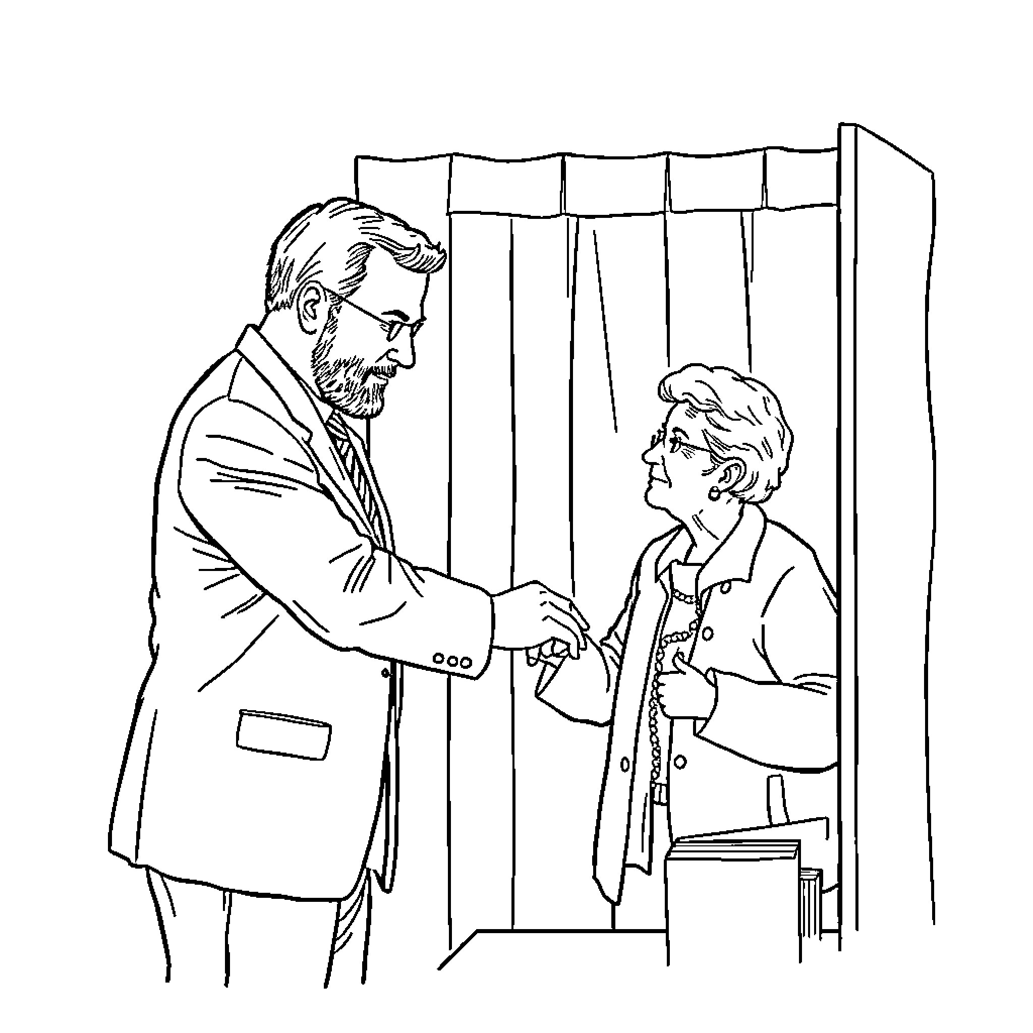 Clerk assisting elderly customer at counter Coloring Page (free black-and-white line drawing printable PDF for all, from beginners to advanced learners, including children, teens, adults, and seniors)