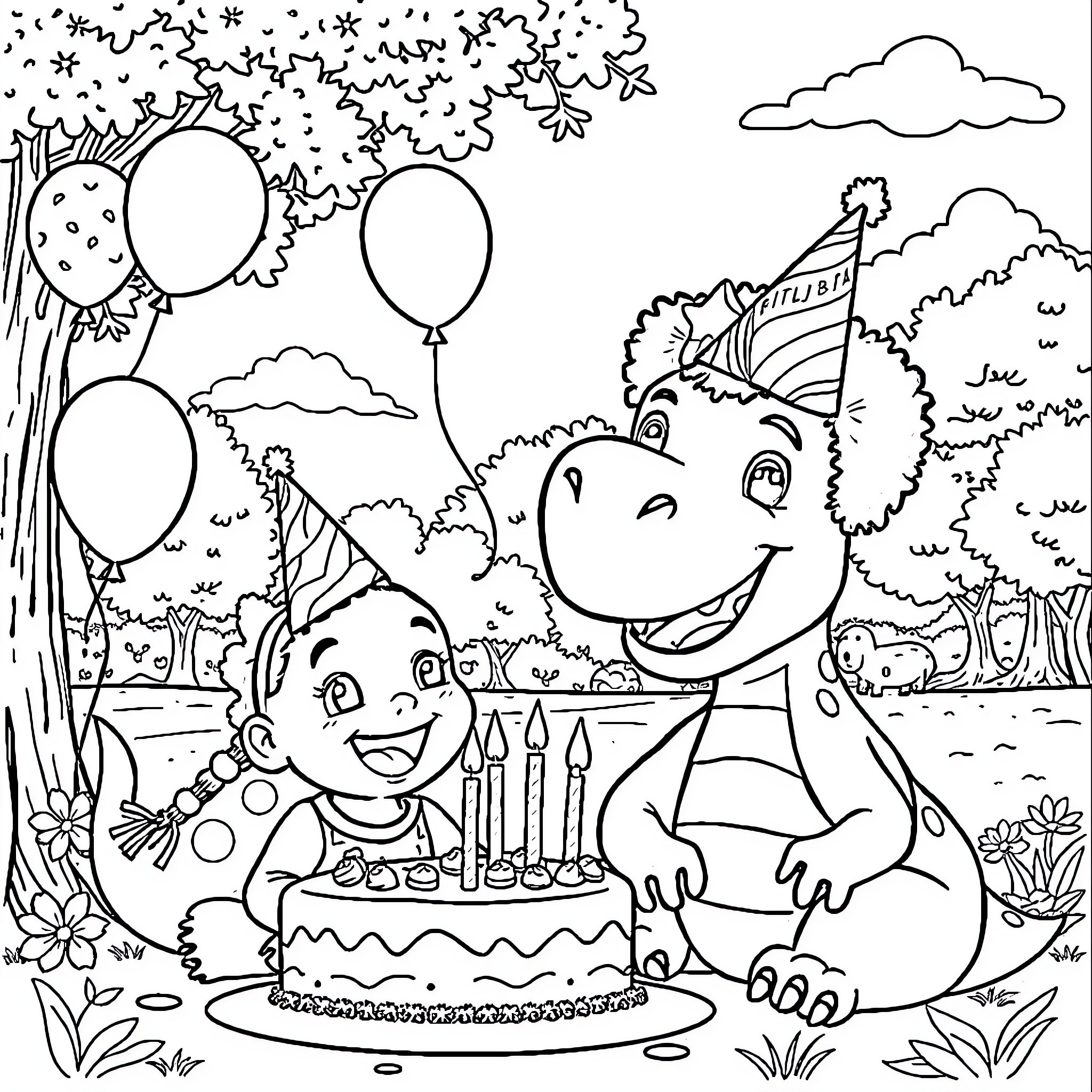 Dinosaur friends celebrate birthday party outdoors Coloring Page (free black-and-white line drawing printable PDF for all, from beginners to advanced learners, including children, teens, adults, and seniors)