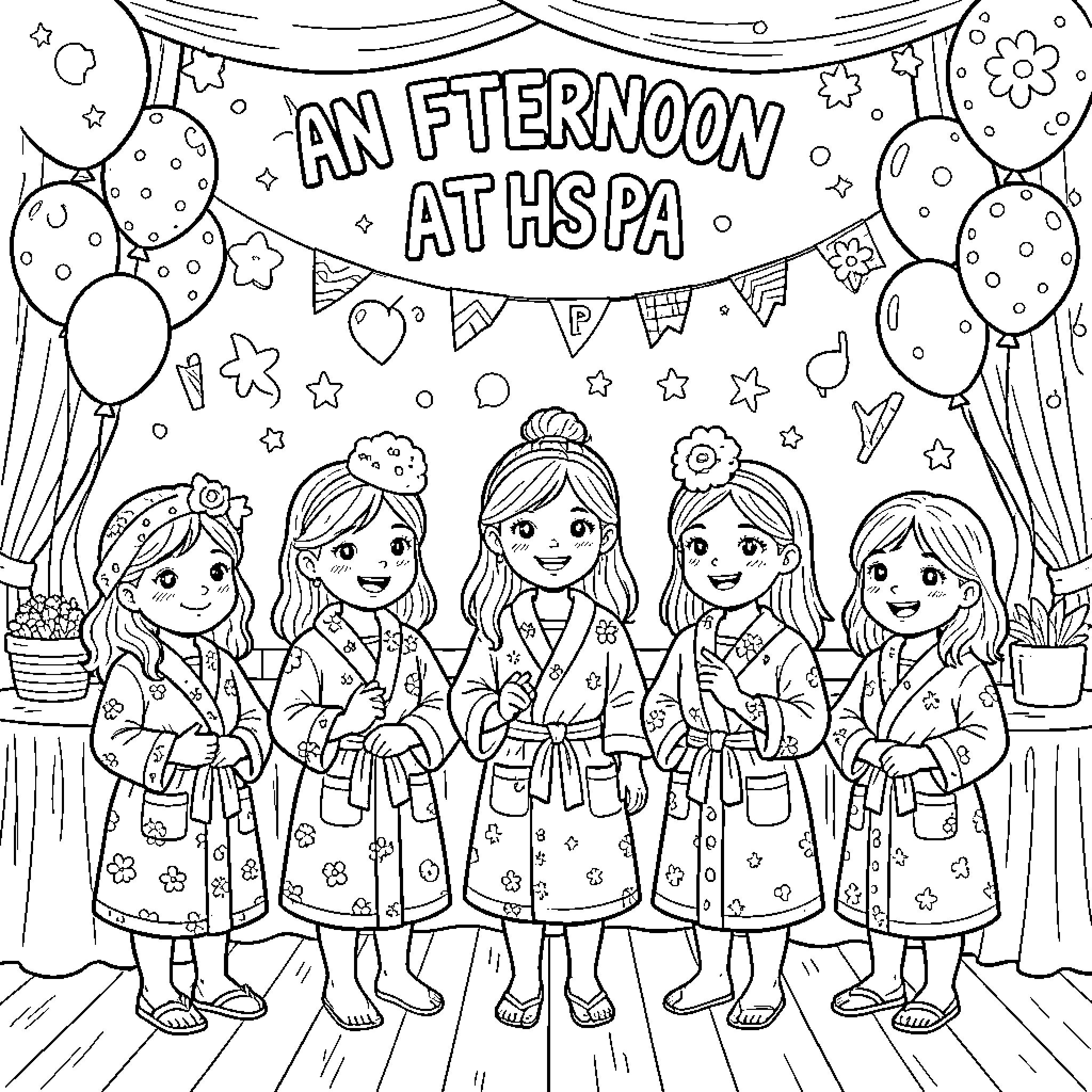 Girls enjoying an afternoon at the spa Coloring Page (free black-and-white line drawing printable PDF for all, from beginners to advanced learners, including children, teens, adults, and seniors)