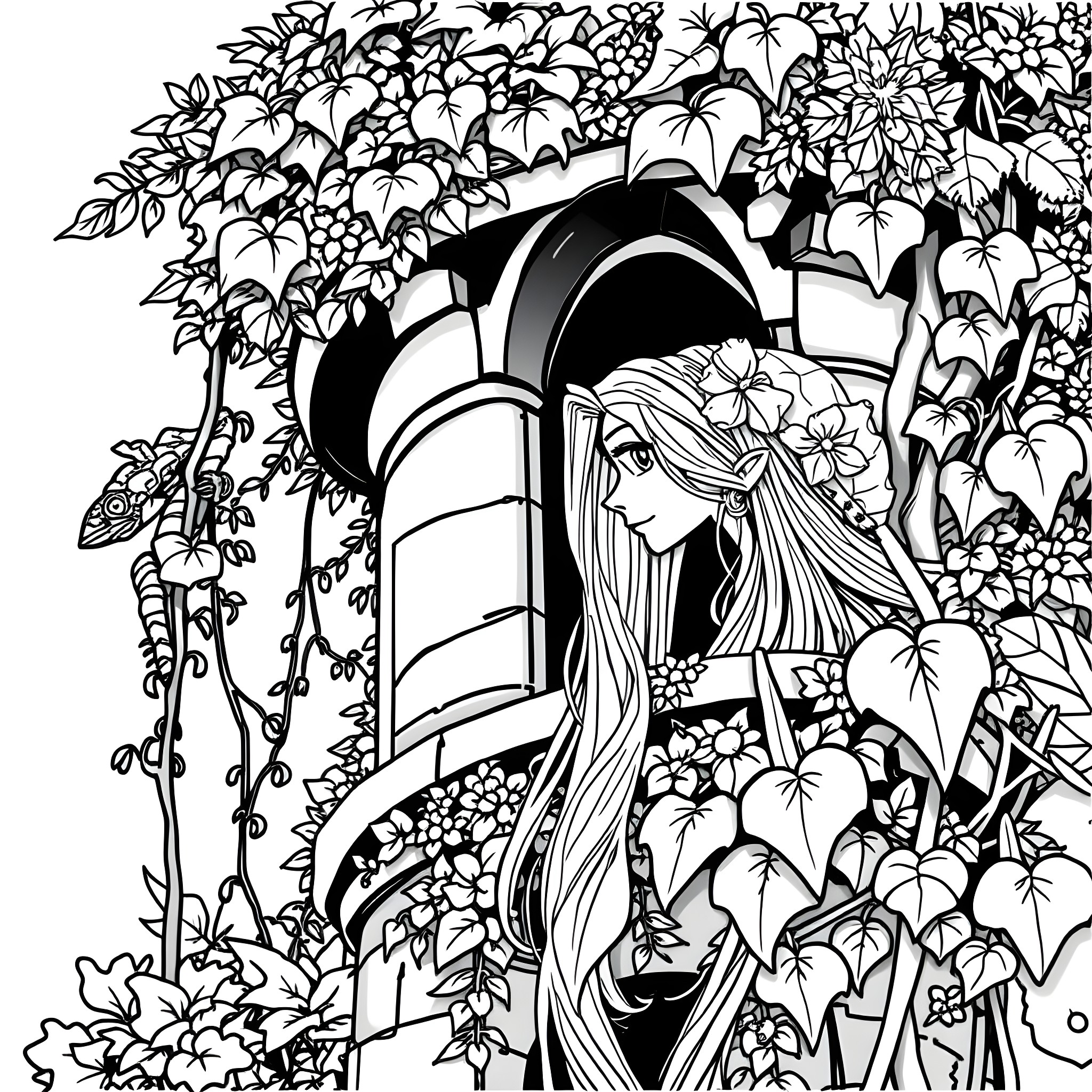 Rapunzel in a blooming garden Coloring Page (free black-and-white line drawing printable PDF for all, from beginners to advanced learners, including children, teens, adults, and seniors)
