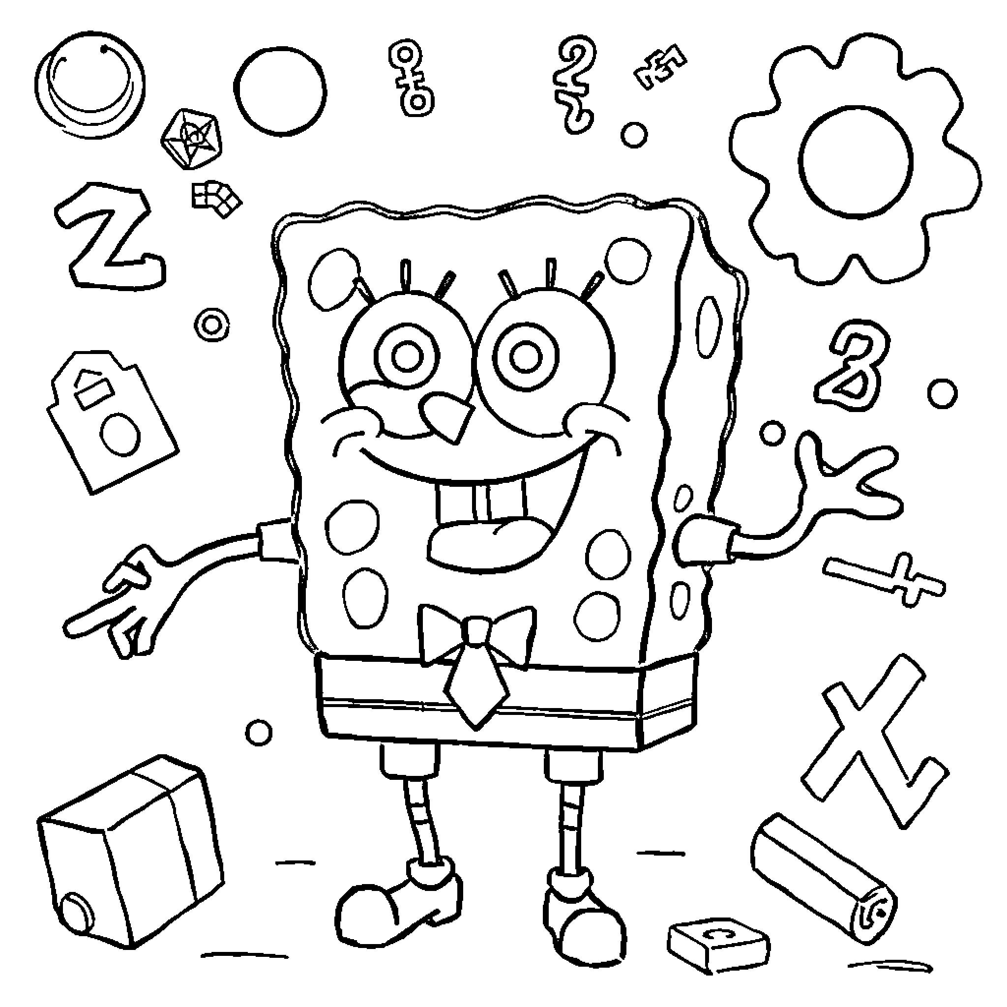 Bob esponja playing with toys in the park Coloring Page (free black-and-white line drawing printable PDF for all, from beginners to advanced learners, including children, teens, adults, and seniors)