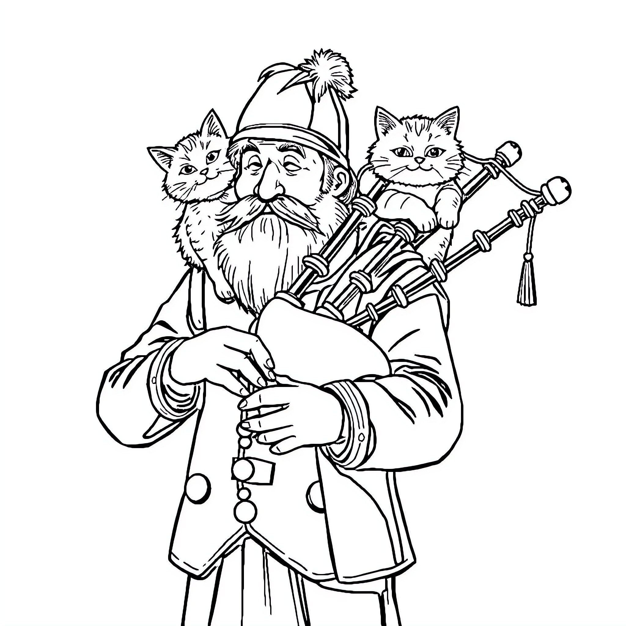 Bagpiper with playful cats in traditional attire Coloring Page (free black-and-white line drawing printable PDF for all, from beginners to advanced learners, including children, teens, adults, and seniors)