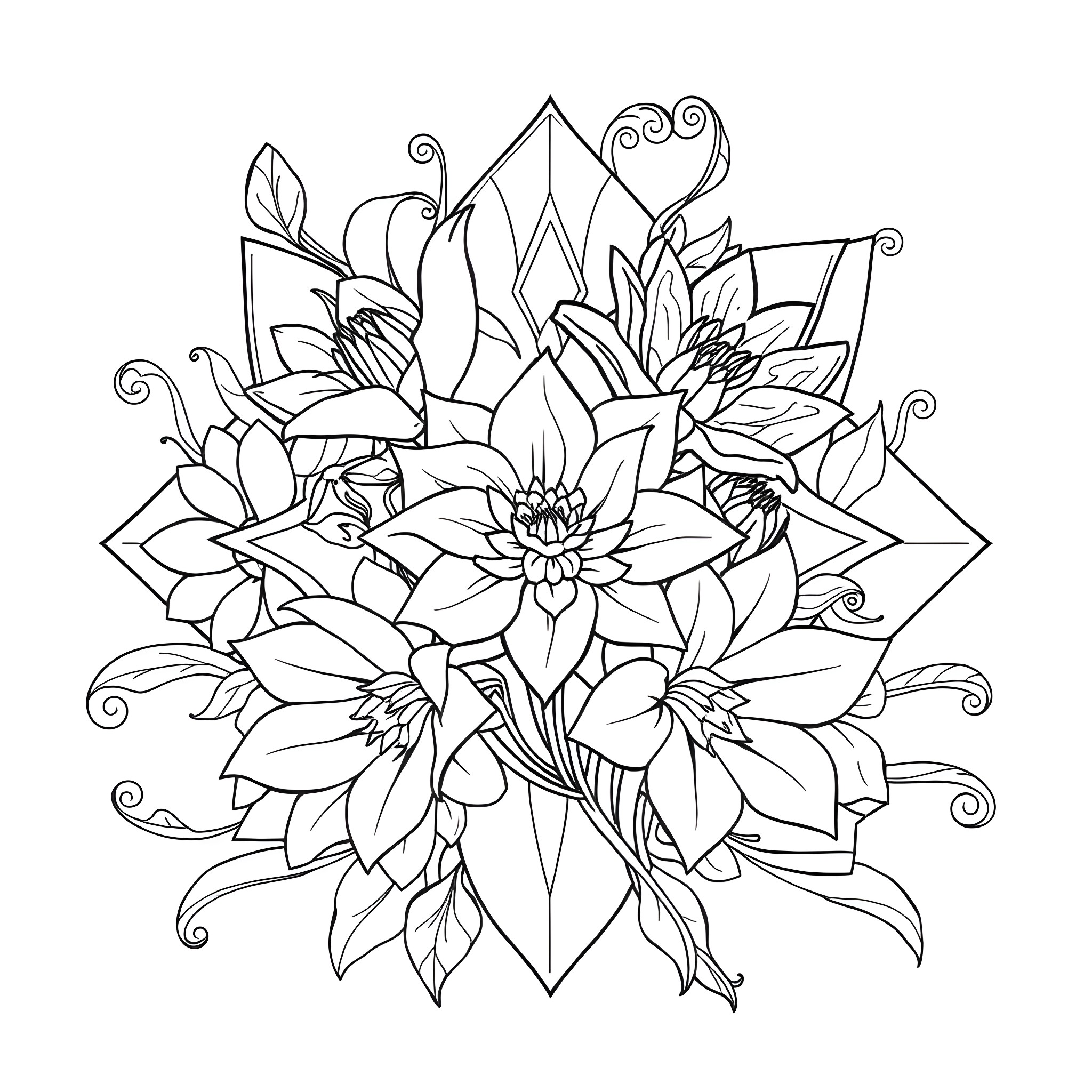 Shape of floral fantasy in monochrome Coloring Page (free black-and-white line drawing printable PDF for all, from beginners to advanced learners, including children, teens, adults, and seniors)