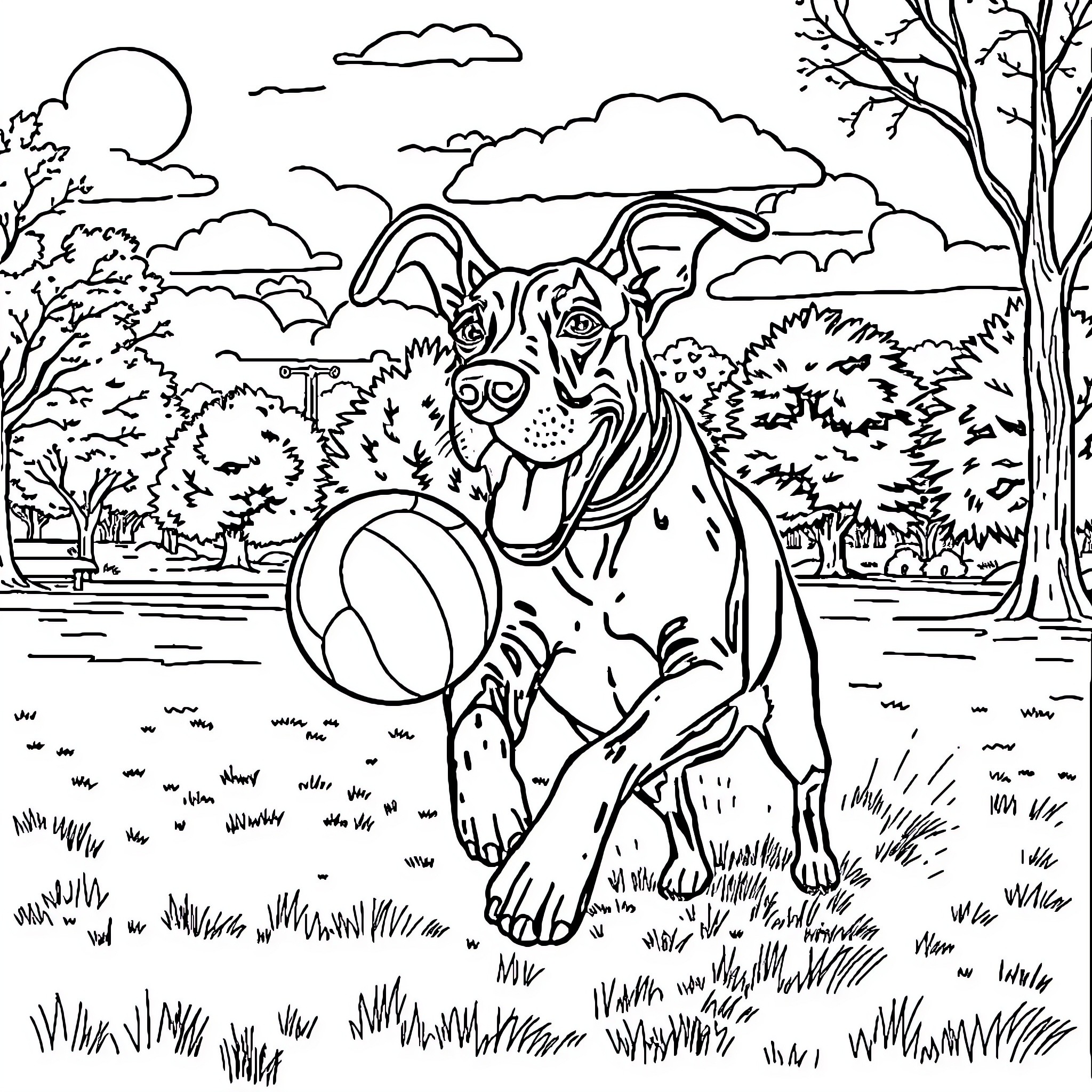 Great Dane playing with ball in the park Coloring Page (free black-and-white line drawing printable PDF for all, from beginners to advanced learners, including children, teens, adults, and seniors)