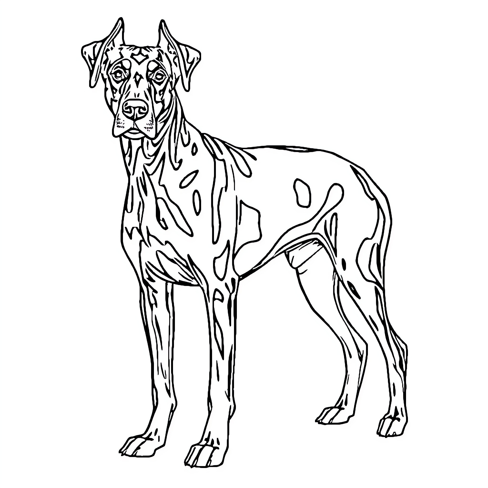 Doberman standing alert and focused Coloring Page (free black-and-white line drawing printable PDF for all, from beginners to advanced learners, including children, teens, adults, and seniors)