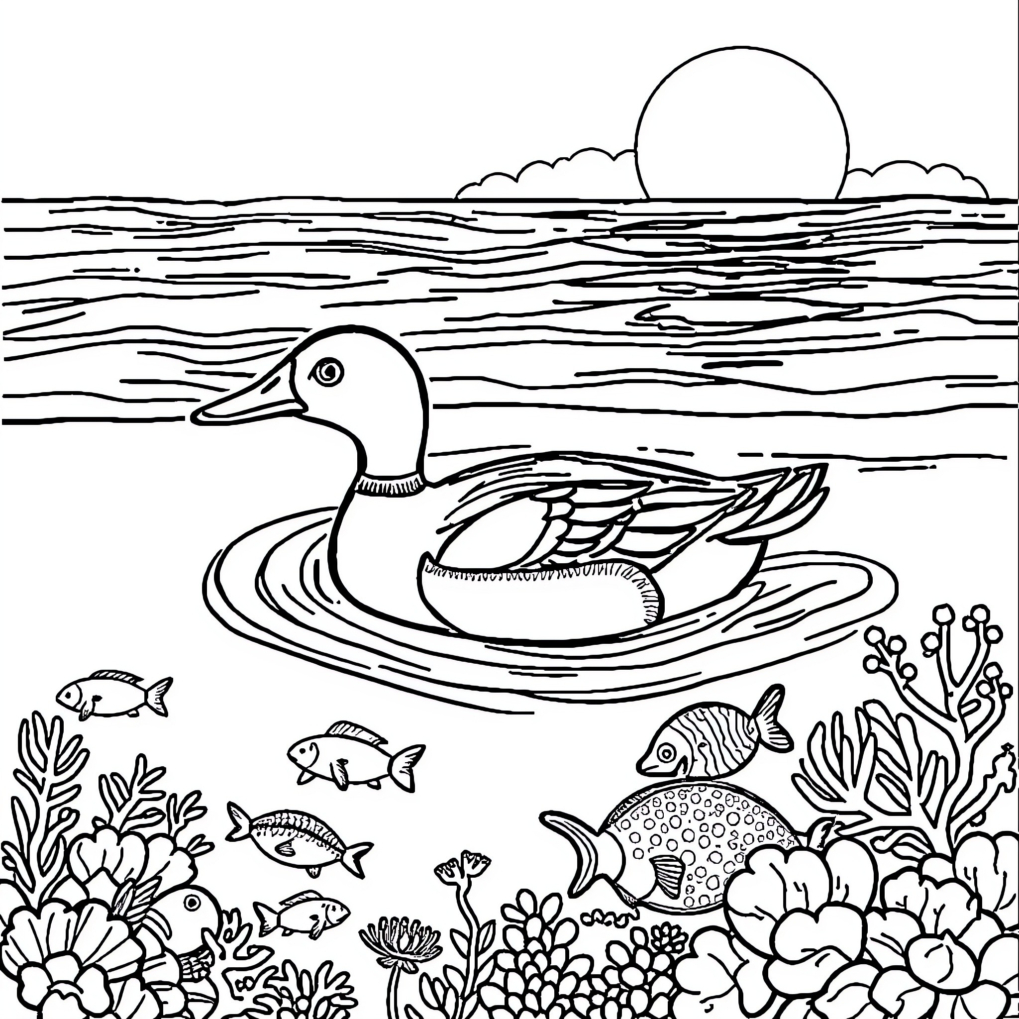Duck swimming peacefully in the tranquil sea Coloring Page (free black-and-white line drawing printable PDF for all, from beginners to advanced learners, including children, teens, adults, and seniors)