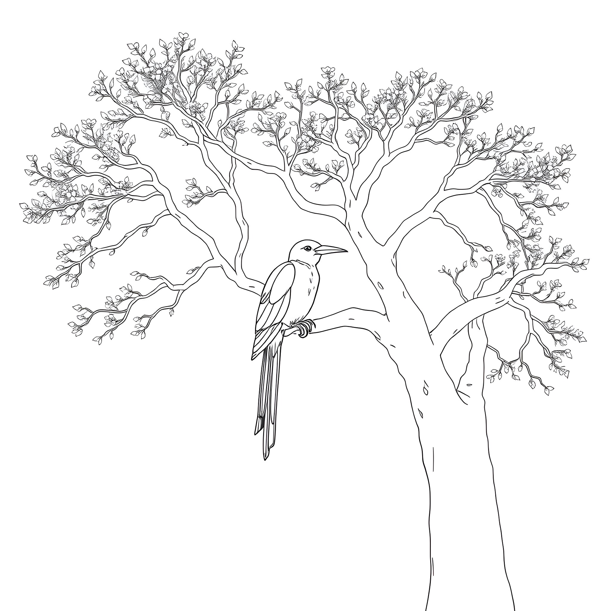 Amandava: Bird perched on a detailed tree Coloring Page (free black-and-white line drawing printable PDF for all, from beginners to advanced learners, including children, teens, adults, and seniors)