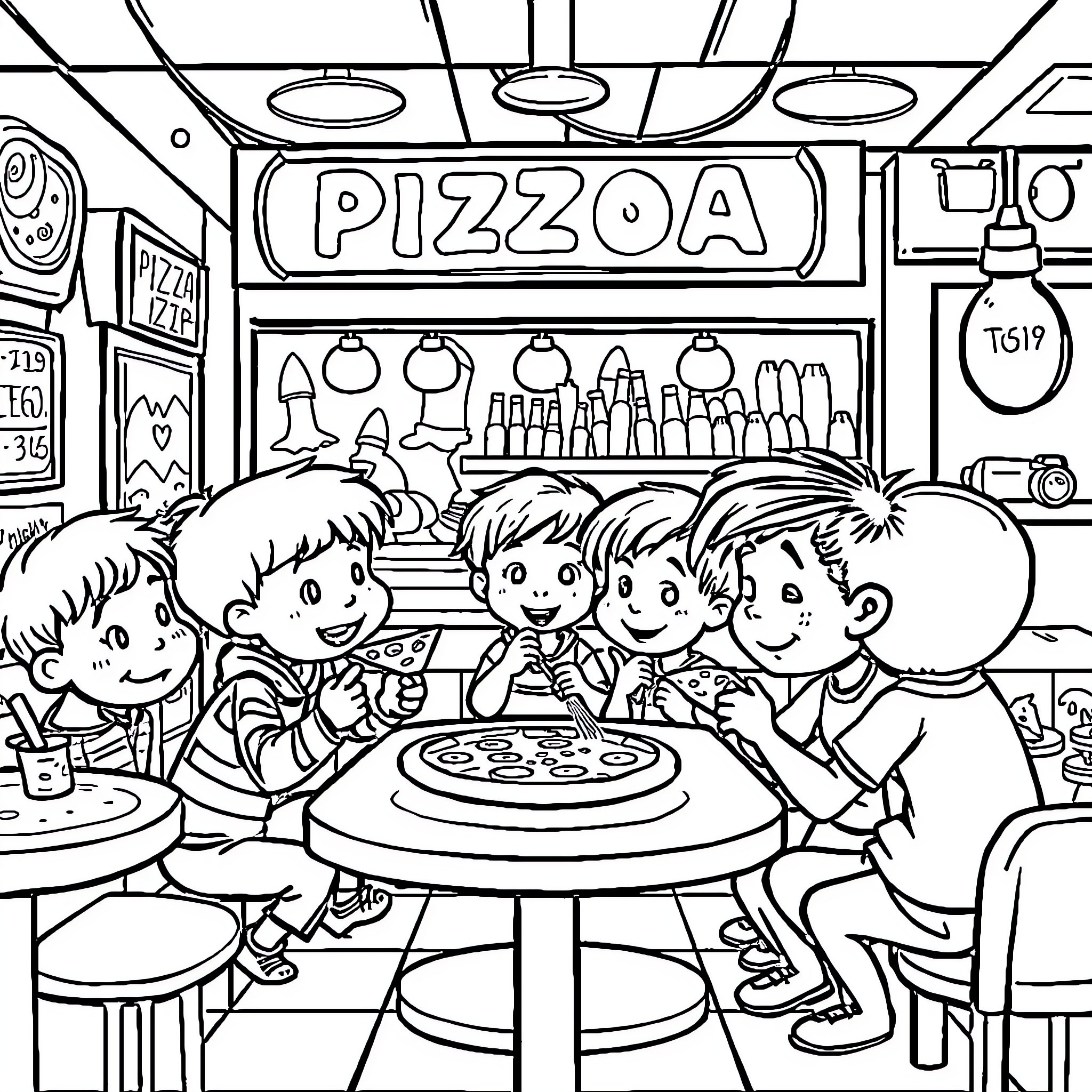 Pizzeria with Children Enjoying Pizza Together Coloring Page (free black-and-white line drawing printable PDF for all, from beginners to advanced learners, including children, teens, adults, and seniors)