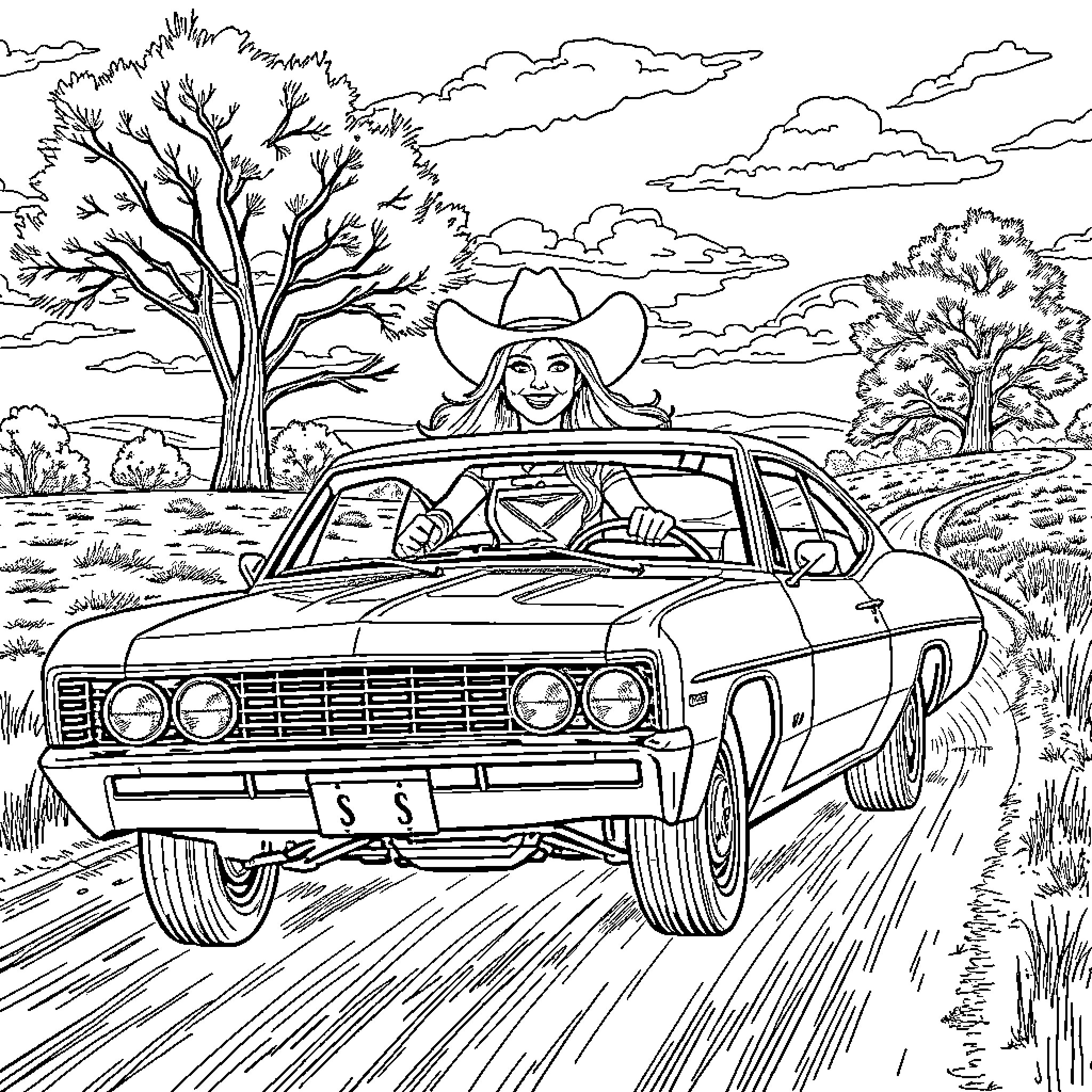 Cowgirl driving along a countryside road Coloring Page (free black-and-white line drawing printable PDF for all, from beginners to advanced learners, including children, teens, adults, and seniors)