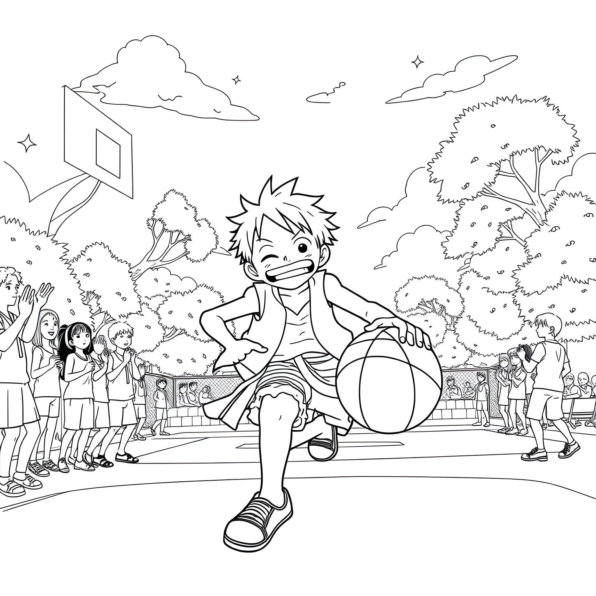 Luffy playing with a ball in the park Coloring Page (free black-and-white line drawing printable PDF for all, from beginners to advanced learners, including children, teens, adults, and seniors)