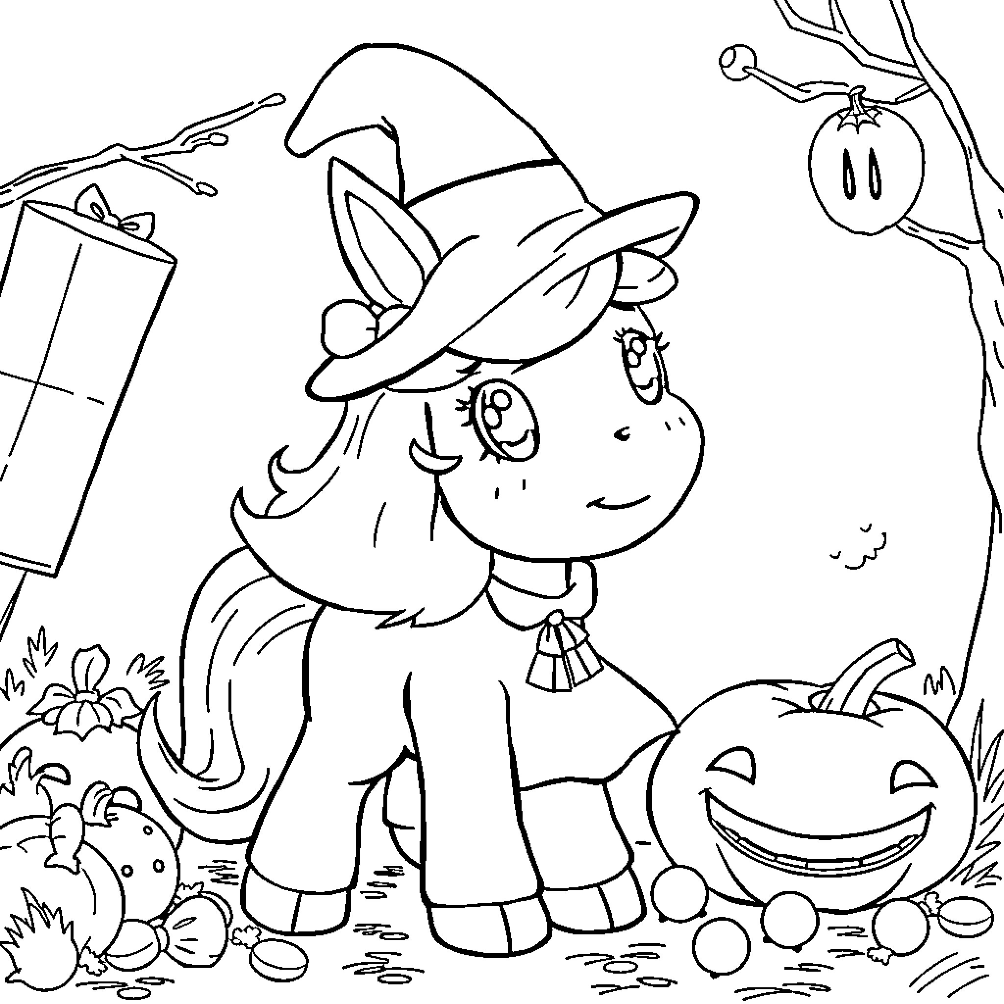 Ponyo's Whimsical Halloween Adventure Coloring Page (free black-and-white line drawing printable PDF for all, from beginners to advanced learners, including children, teens, adults, and seniors)