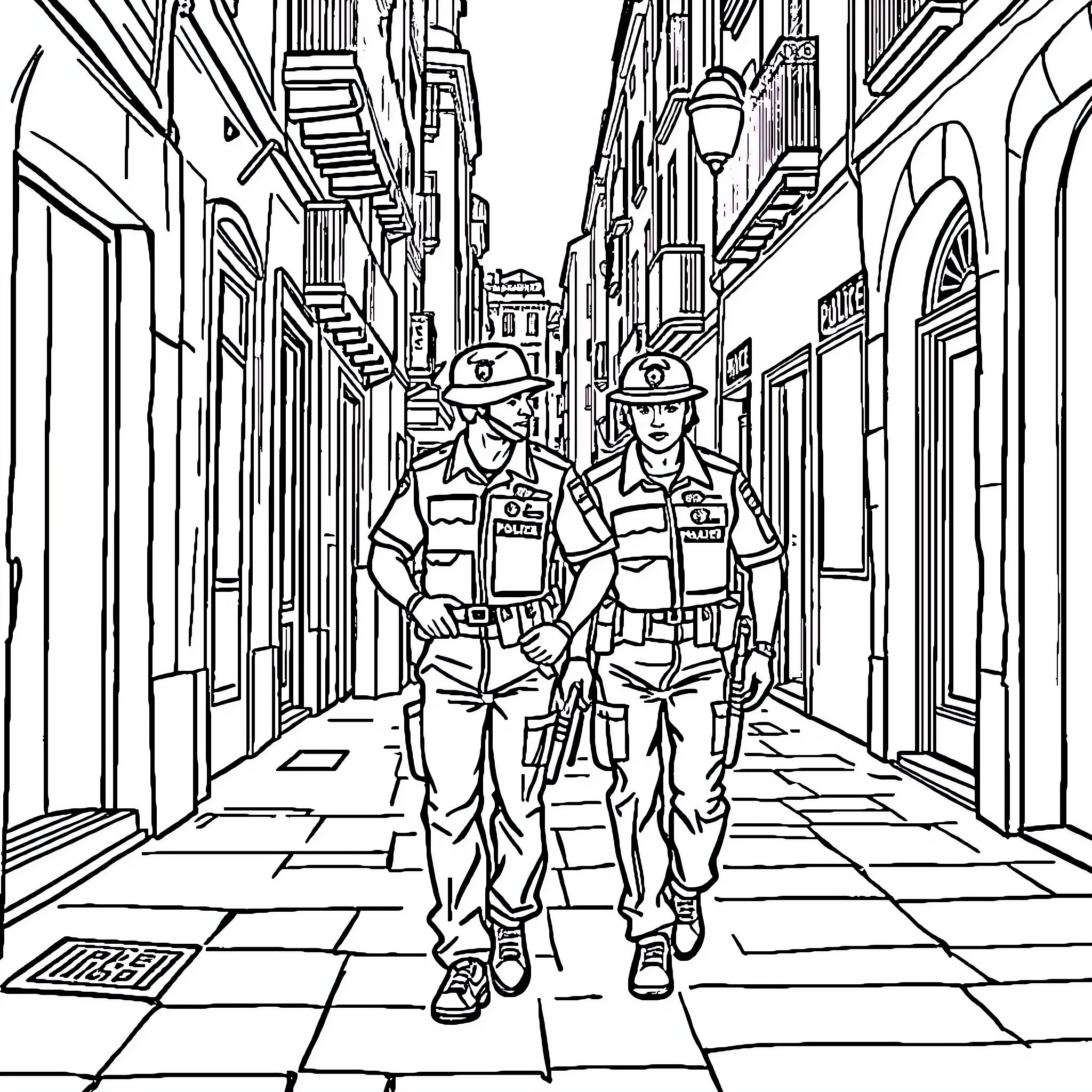 Police officers patrolling city streets in uniform Coloring Page (free black-and-white line drawing printable PDF for all, from beginners to advanced learners, including children, teens, adults, and seniors)