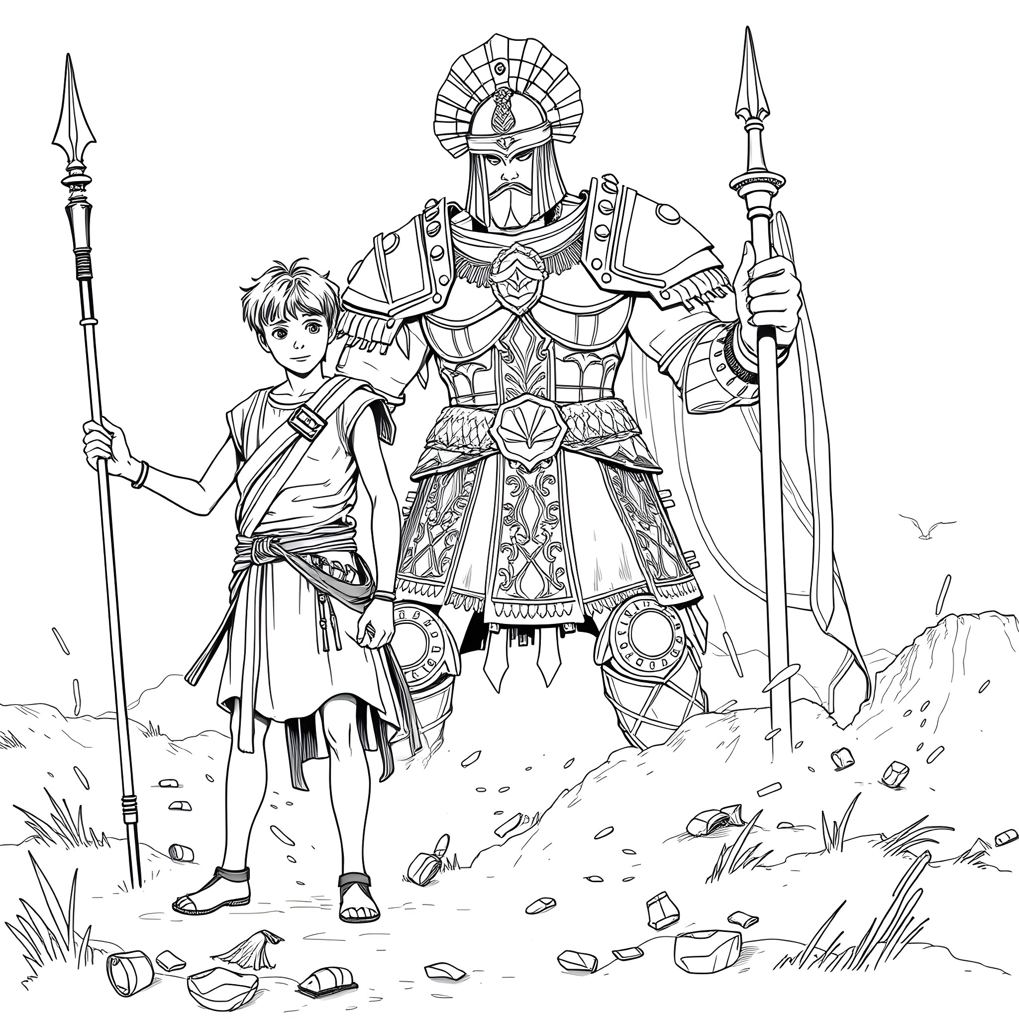 Boy warrior with armored knight companion on a field Coloring Page (free black-and-white line drawing printable PDF for all, from beginners to advanced learners, including children, teens, adults, and seniors)