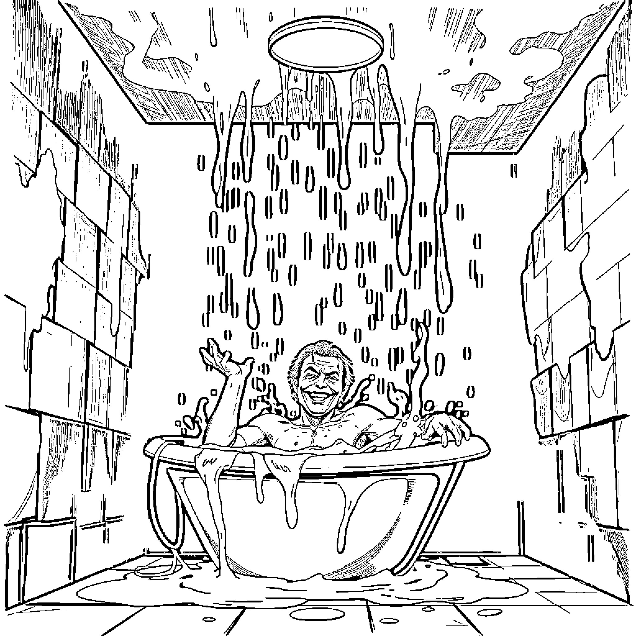 Joker Relaxing in Surreal Bathtub Scene Coloring Page (free black-and-white line drawing printable PDF for all, from beginners to advanced learners, including children, teens, adults, and seniors)