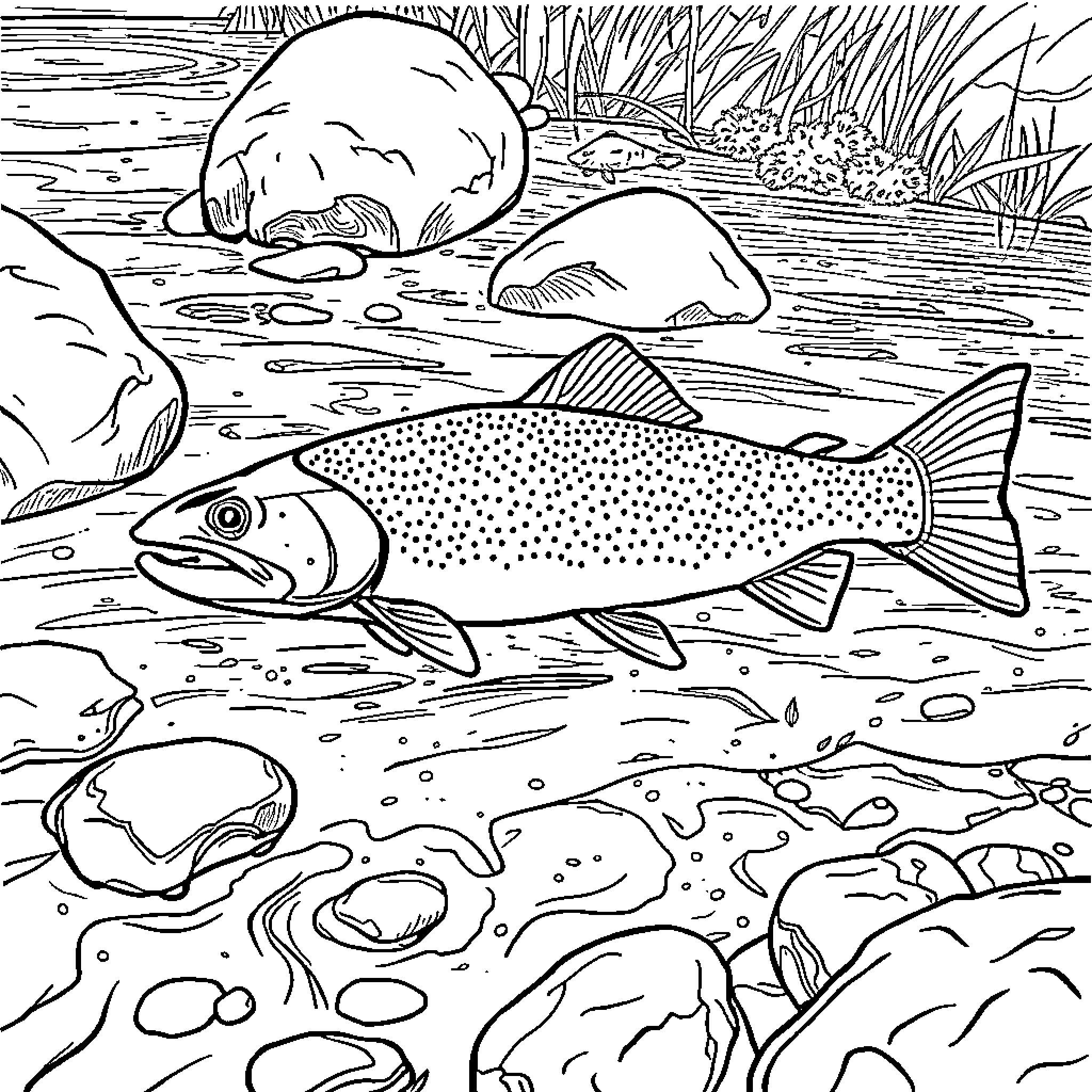 Trout swimming amidst river rocks and aquatic plants Coloring Page (free black-and-white line drawing printable PDF for all, from beginners to advanced learners, including children, teens, adults, and seniors)
