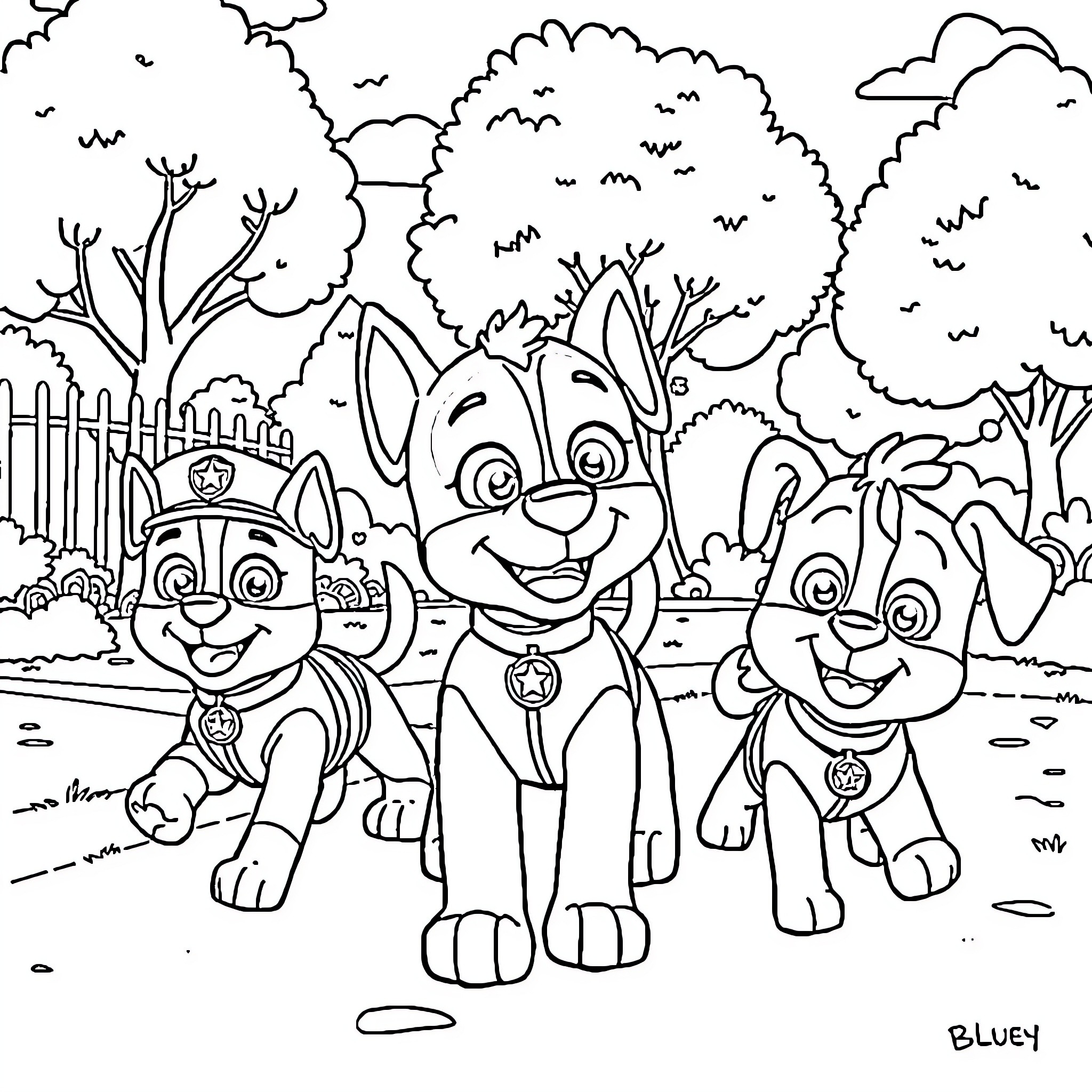 Bluey and Friends Enjoy Outdoor Adventure Coloring Page (free black-and-white line drawing printable PDF for all, from beginners to advanced learners, including children, teens, adults, and seniors)