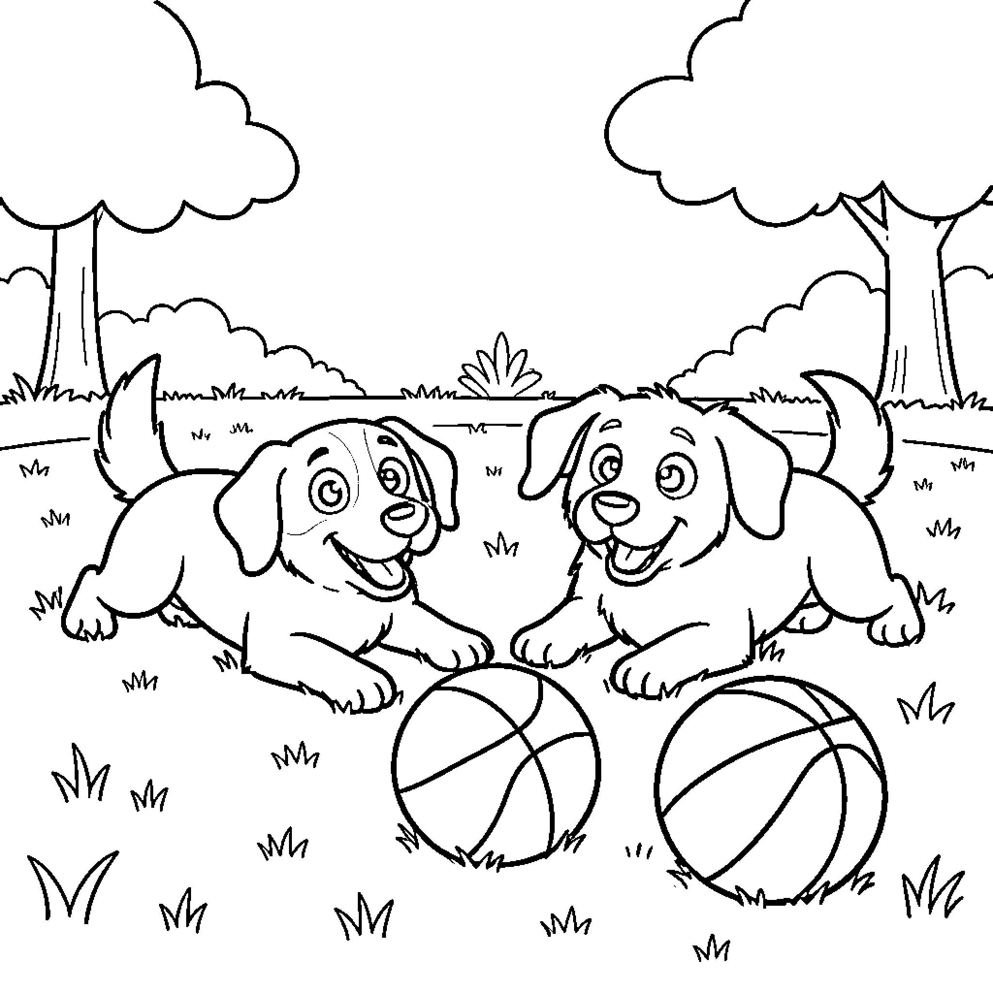 Dog puppies playing joyfully with balls in a field Coloring Page (free black-and-white line drawing printable PDF for all, from beginners to advanced learners, including children, teens, adults, and seniors)