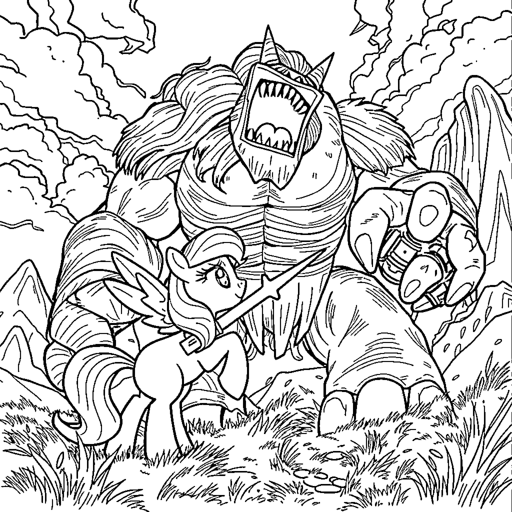 Pinkie Pie confronts the fearsome beast in the wilderness Coloring Page (free black-and-white line drawing printable PDF for all, from beginners to advanced learners, including children, teens, adults, and seniors)
