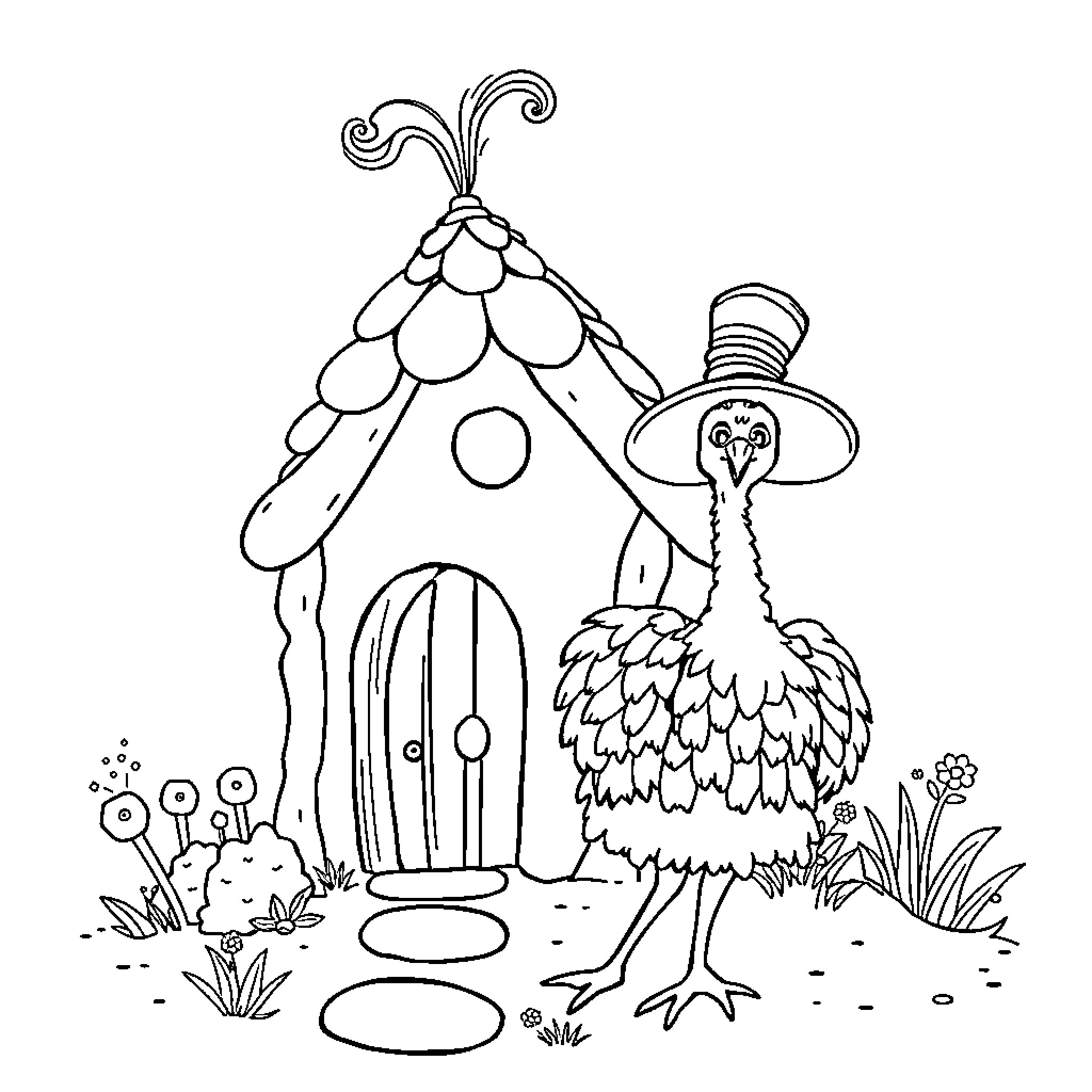 Cottage with whimsical bird and flourishing flora Coloring Page (free black-and-white line drawing printable PDF for all, from beginners to advanced learners, including children, teens, adults, and seniors)