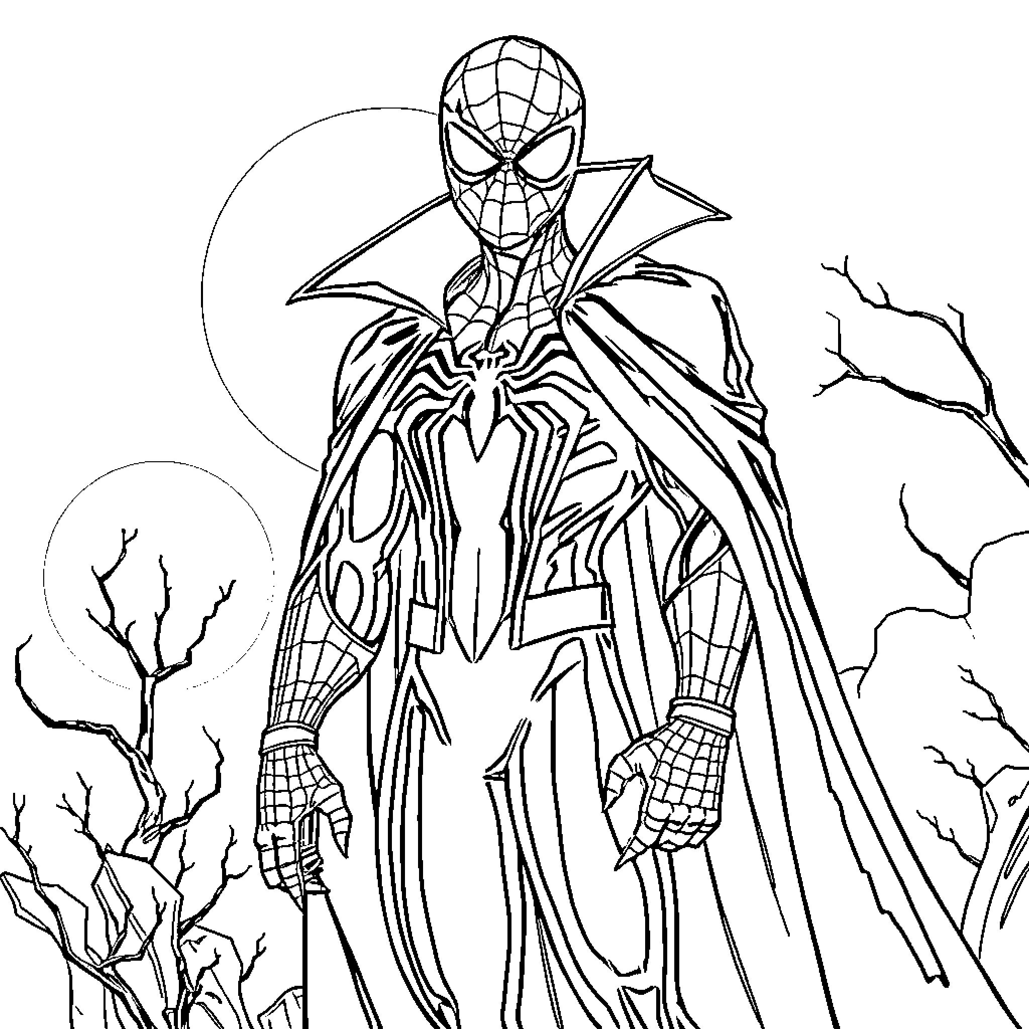Spiderman in action in a dark, eerie scene Coloring Page (free black-and-white line drawing printable PDF for all, from beginners to advanced learners, including children, teens, adults, and seniors)