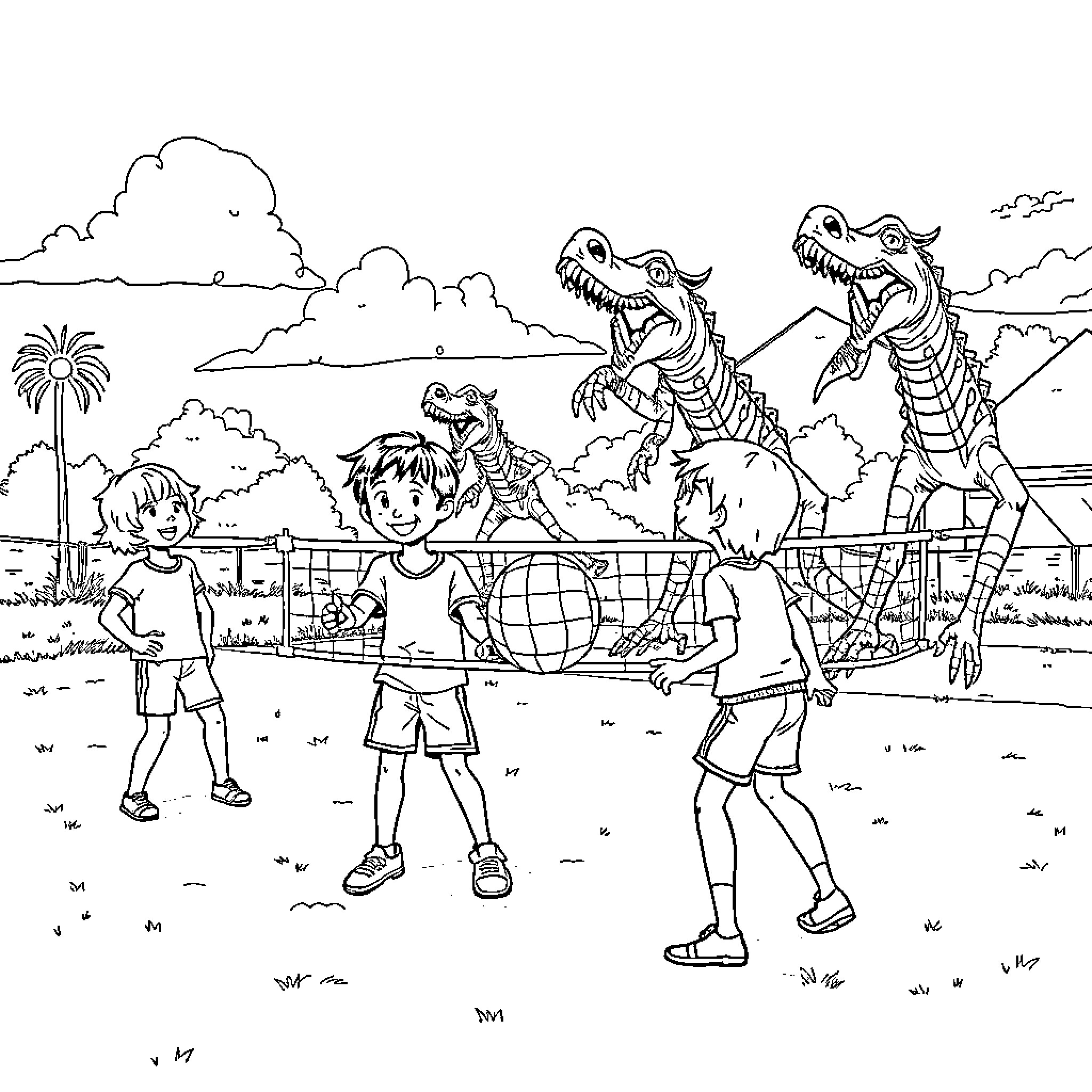 Children exploring dinosaur exhibit at the park Coloring Page (free black-and-white line drawing printable PDF for all, from beginners to advanced learners, including children, teens, adults, and seniors)