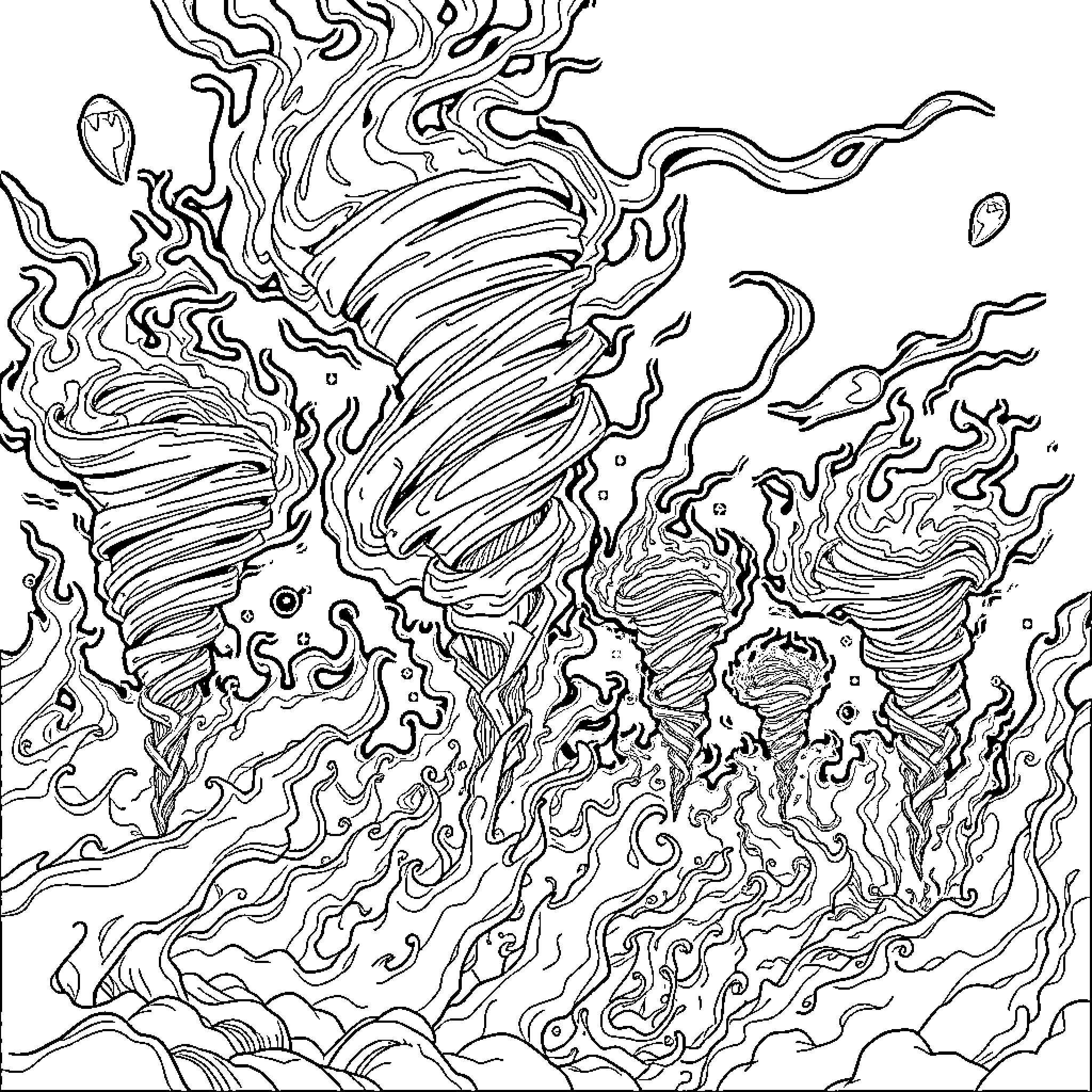 Fire Tornado of Swirling Energy and Cosmic Phenomena Coloring Page (free black-and-white line drawing printable PDF for all, from beginners to advanced learners, including children, teens, adults, and seniors)