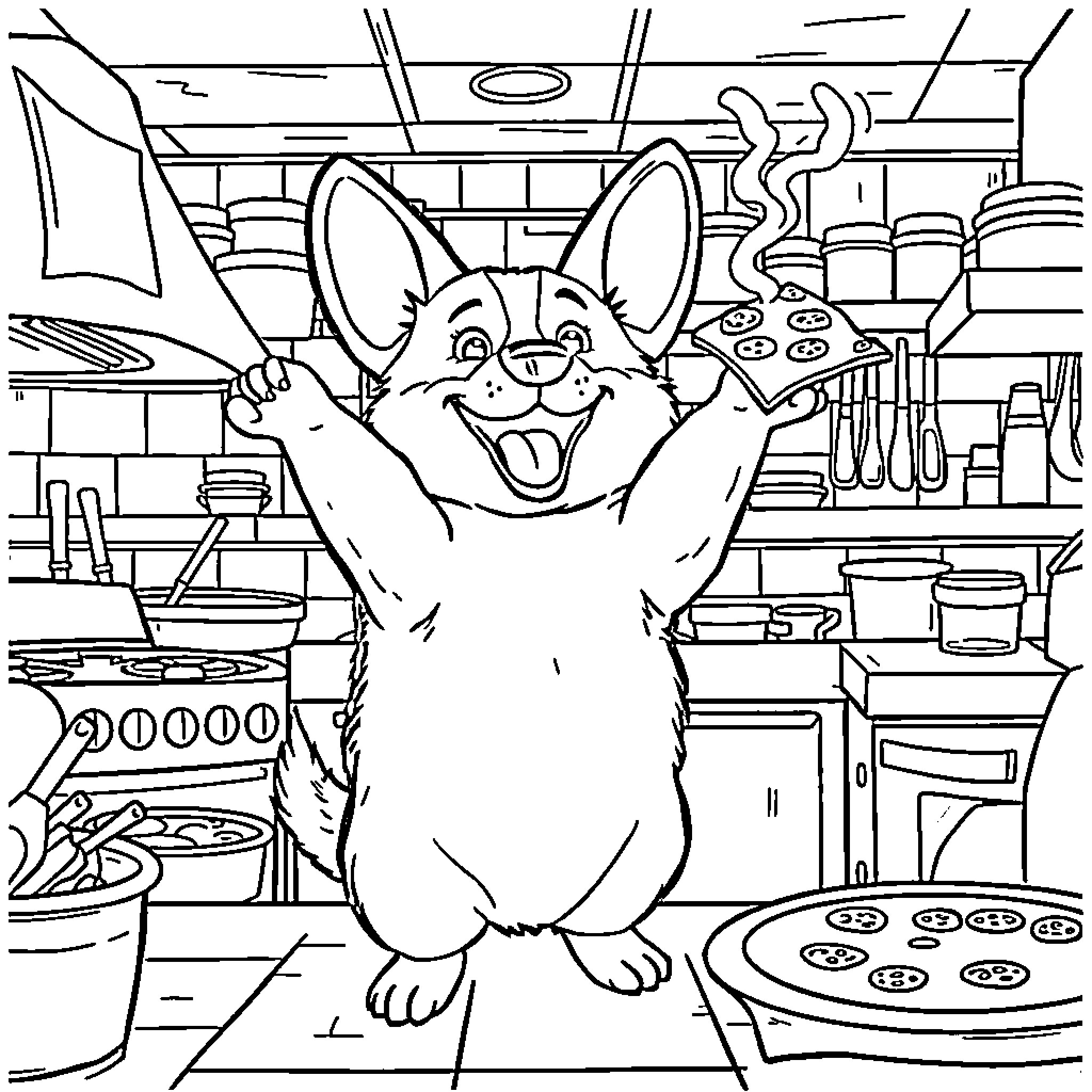 Corgi enjoying a busy kitchen Coloring Page (free black-and-white line drawing printable PDF for all, from beginners to advanced learners, including children, teens, adults, and seniors)