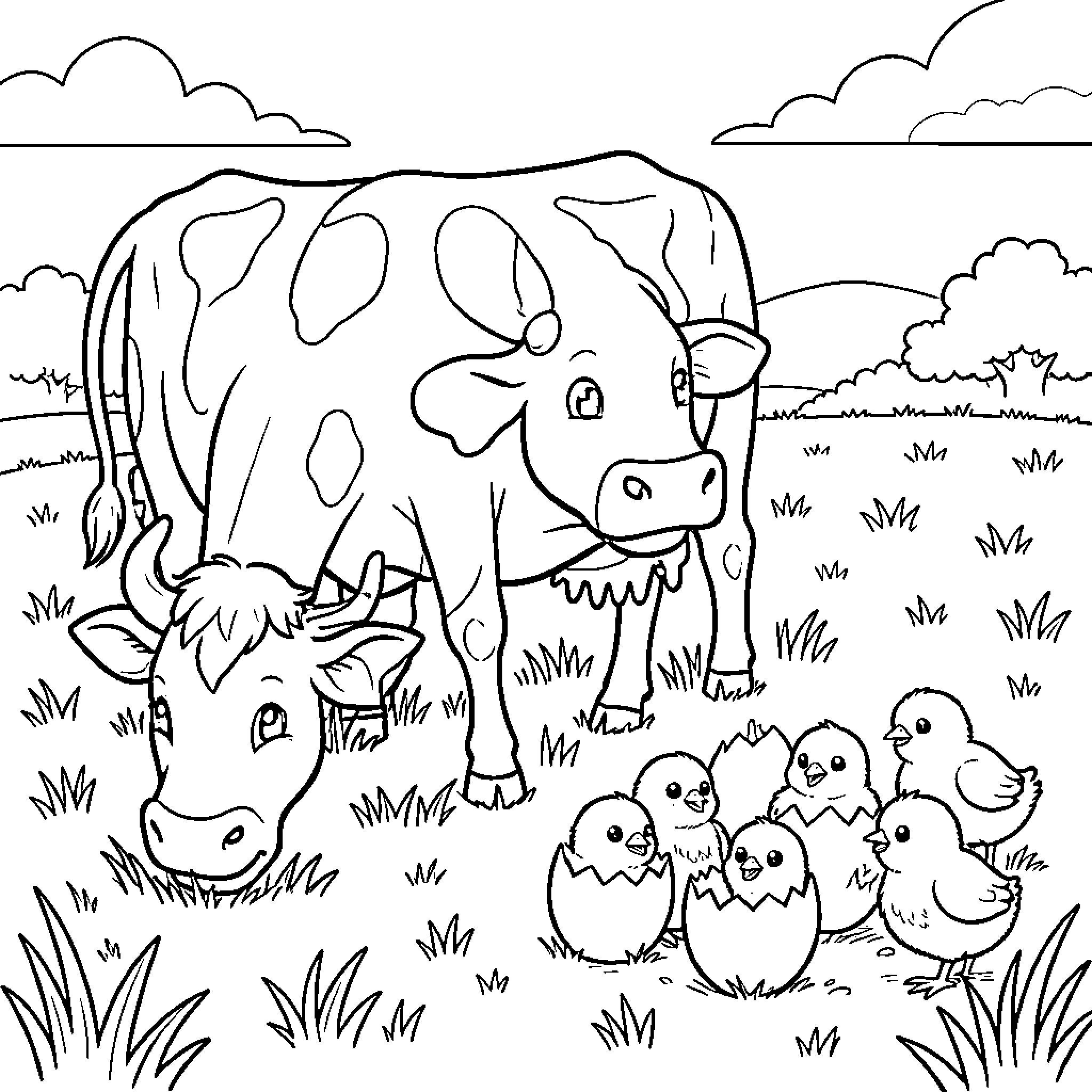 Vaca standing near baby chicks in a meadow Coloring Page (free black-and-white line drawing printable PDF for all, from beginners to advanced learners, including children, teens, adults, and seniors)