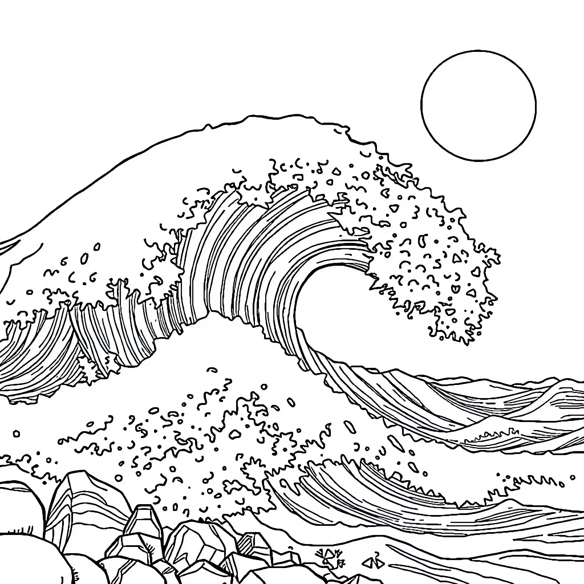 Tsunami Wave Crashing over Coastal Landscape Coloring Page (free black-and-white line drawing printable PDF for all, from beginners to advanced learners, including children, teens, adults, and seniors)